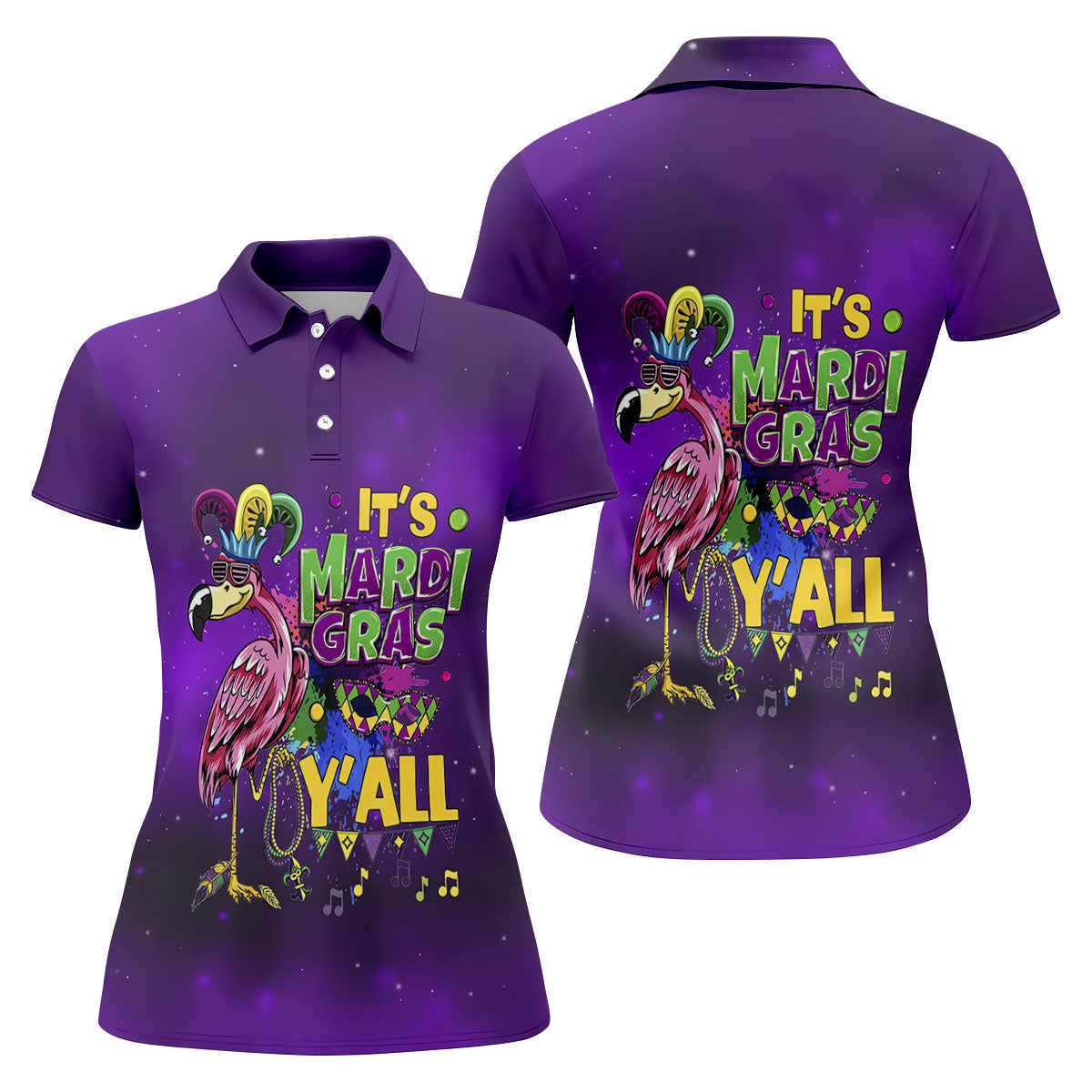 It's Mardi Gras Y'All Funny Flamingo Purple Golf Shirt, Women's Golf Tops, Ladies Golf Shirt