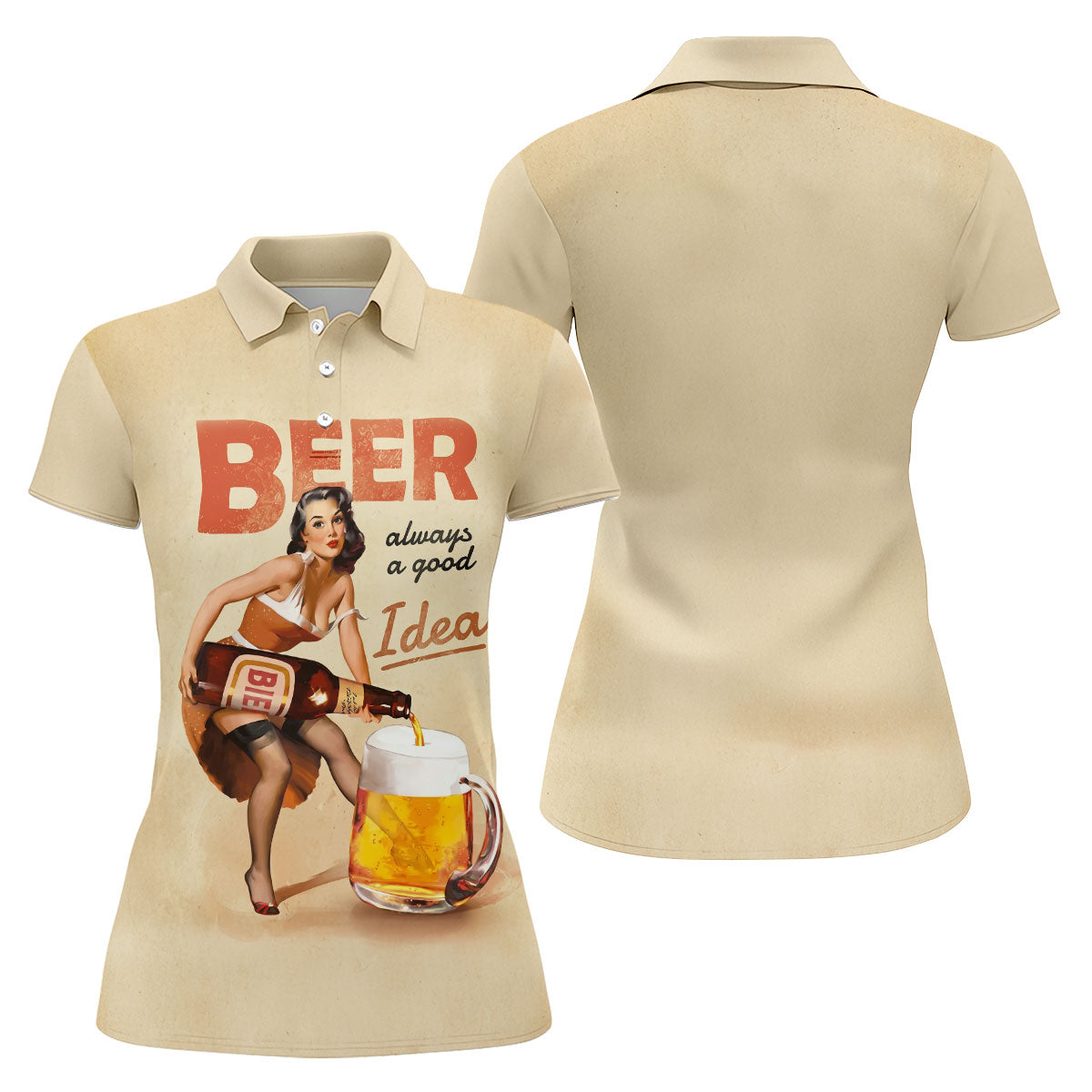 Vintage Beer Pin-Up Girl Design Golf Shirt, Women's Golf Shirt, Hawaiian Golf Shirt, Golf Polo For Women