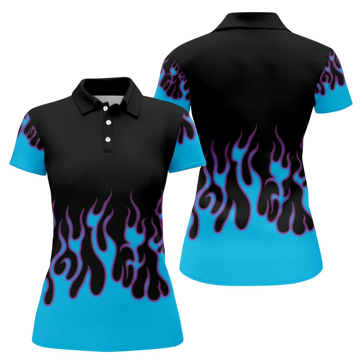 Black Cyan Purple Flame Sleeve Golf Shirt, Women's Golf Tops, Women’s Golf Apparel