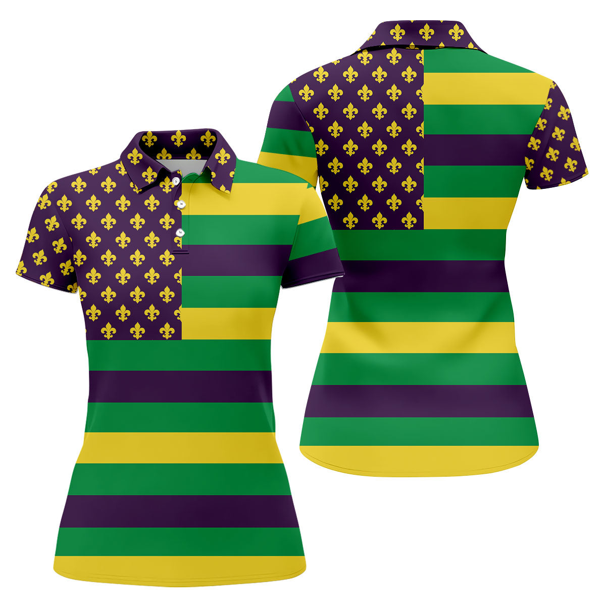 Mardi Gras Flags Fleur De Lis Purple Green Gold Ladies Golf Tops, Women's Golf Tops, Ladies Golf Polos