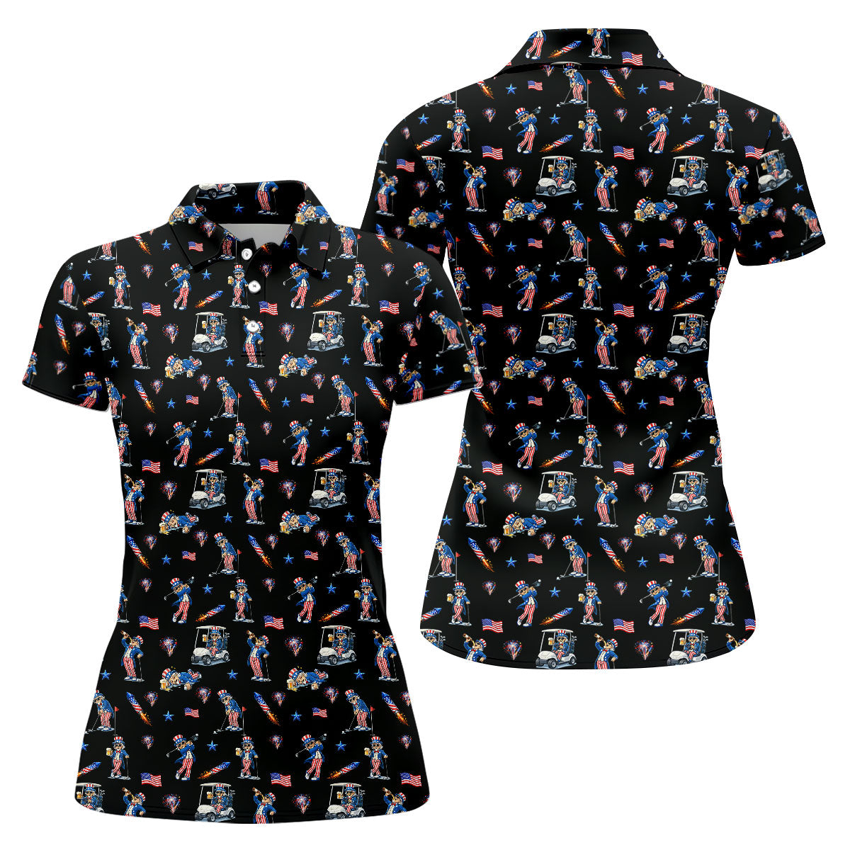 Patriotic Man Golf And Beer Funny 4th Of July Black Golf Shirt, 250 Years Seamless Pattern Women's Golf Tops