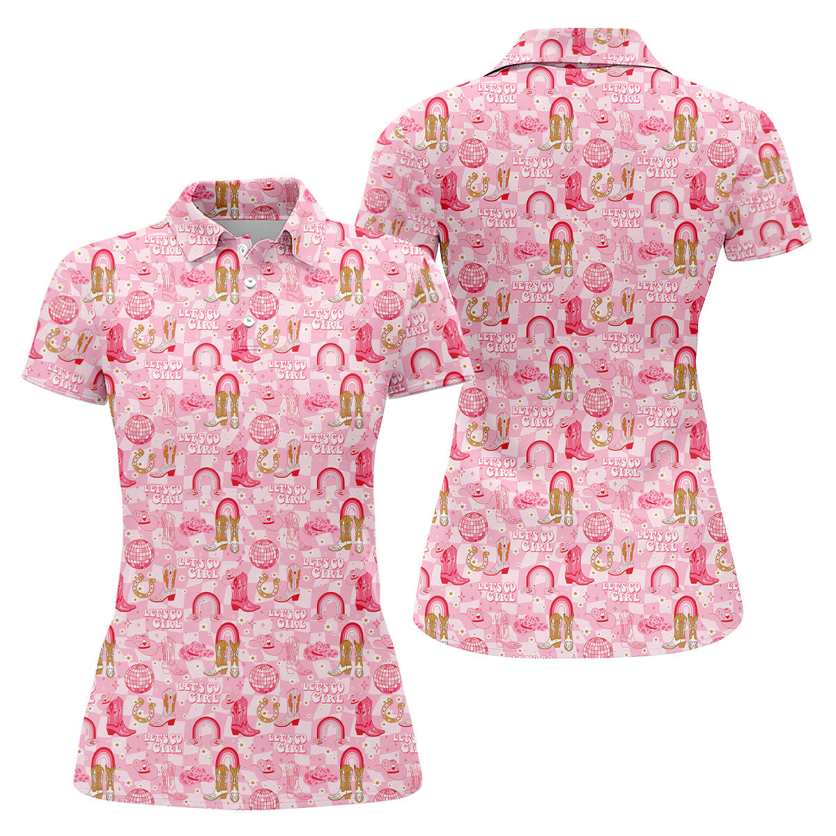 Let's Go Girl Pink Checkered Western Cowgirl Women's Golf Tops, Ladies Golf Polos, Golf Shirt For Women