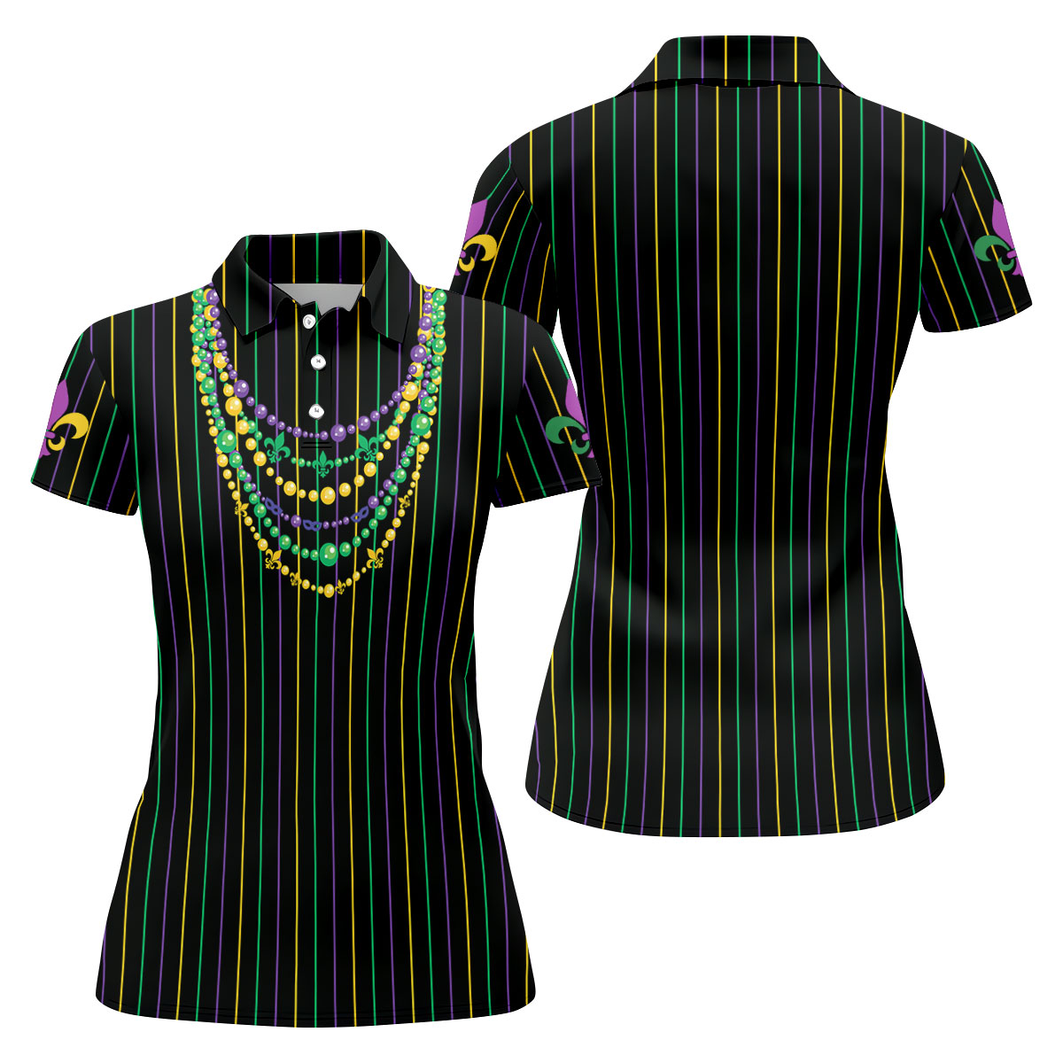 Mardi Gras Beads Necklaces Print Black Golf Shirt, Women's Golf Shirts, Ladies Golf Polos, Golf Shirt For Women