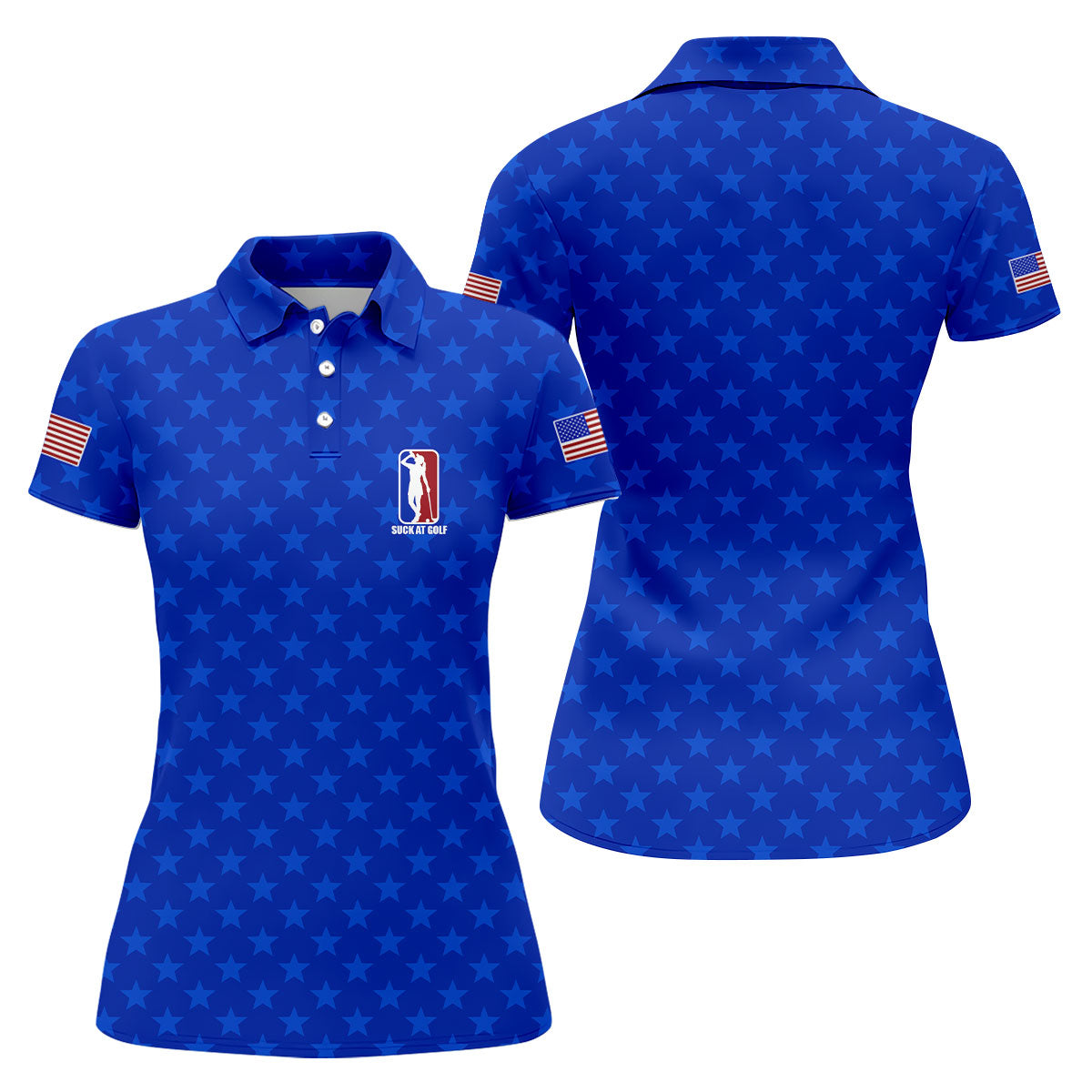 Suck At Golf Patriotic 4th Of July Stars Pattern Blue Golf Shirt, 250th Anniversary Golf Shirt For Women