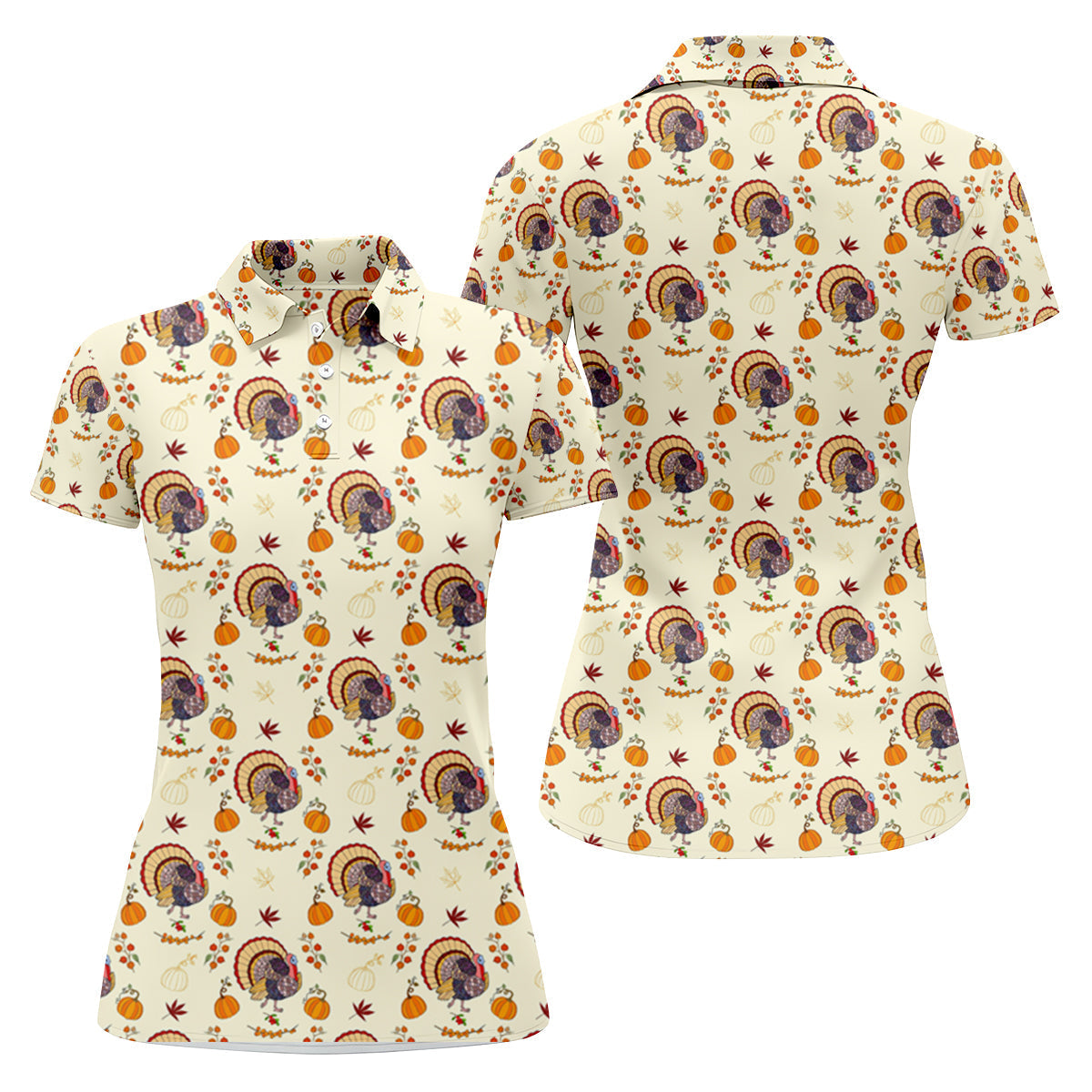 Turkey Pumpkin Thanksgiving Holiday Beige Women's Golf Shirts, Women Golf Top, Ladies Golf Polos