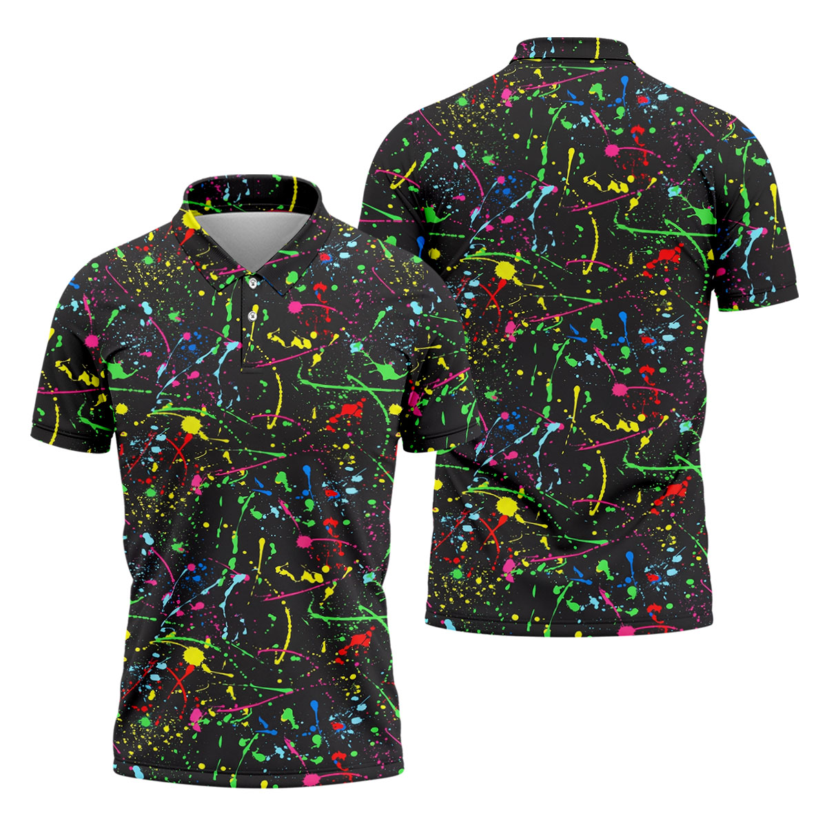 Neon Paint Splatter Pattern Hawaiian Golf Shirt, Golf Shirts For Men, Polo Shirts For Men