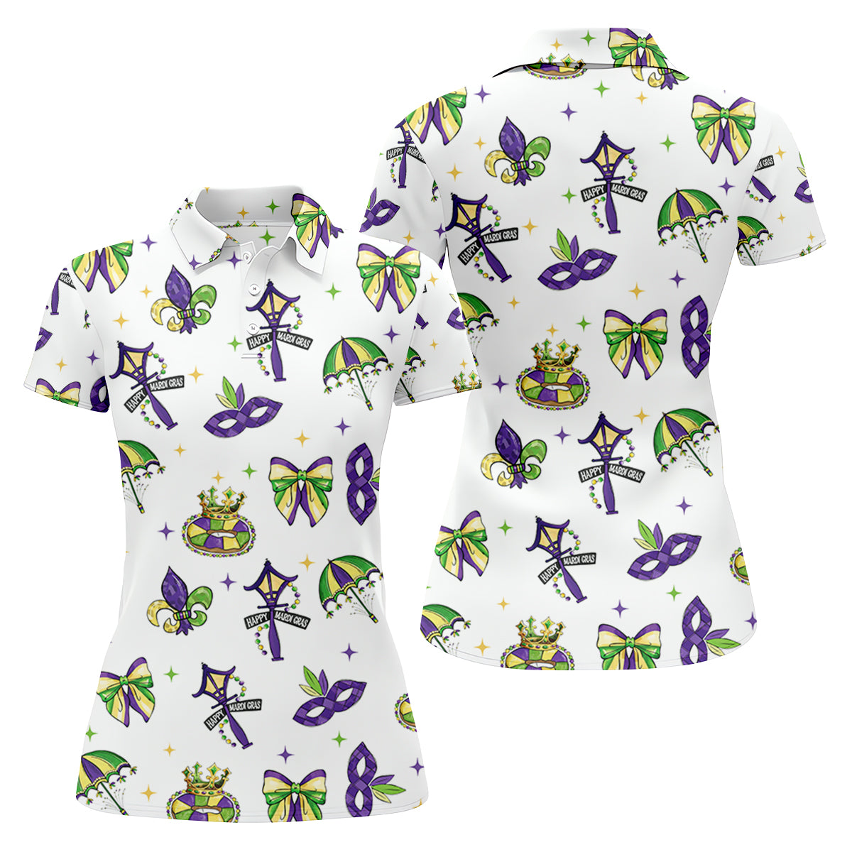 Fleur De Lis Carnival Masks Happy Mardi Gras White Golf Shirt, Golf Shirt For Women, Ladies Golf Polos