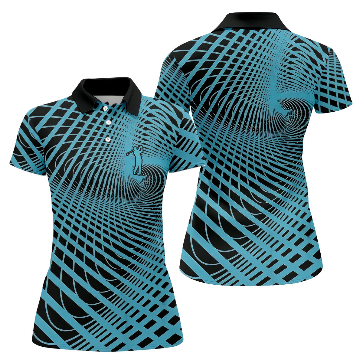Swirling Vortex Black And Light Blue Women's Golf Tops, Ladies Golf Shirts, Ladies Golf Polos