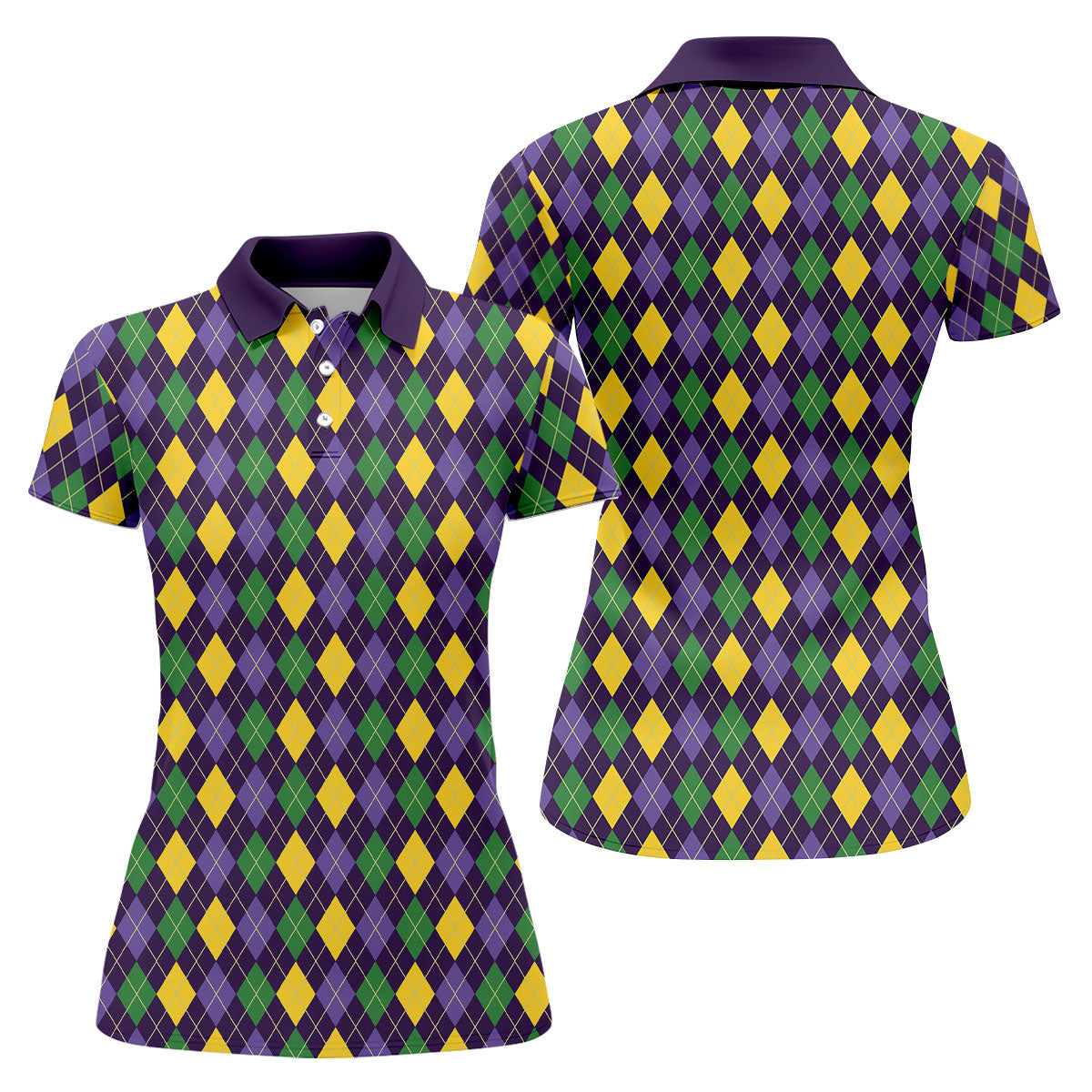 Green Purple Gold Argyle Pattern Mardi Gras Golf Shirt, Women's Golf Tops, Ladies Golf Shirts
