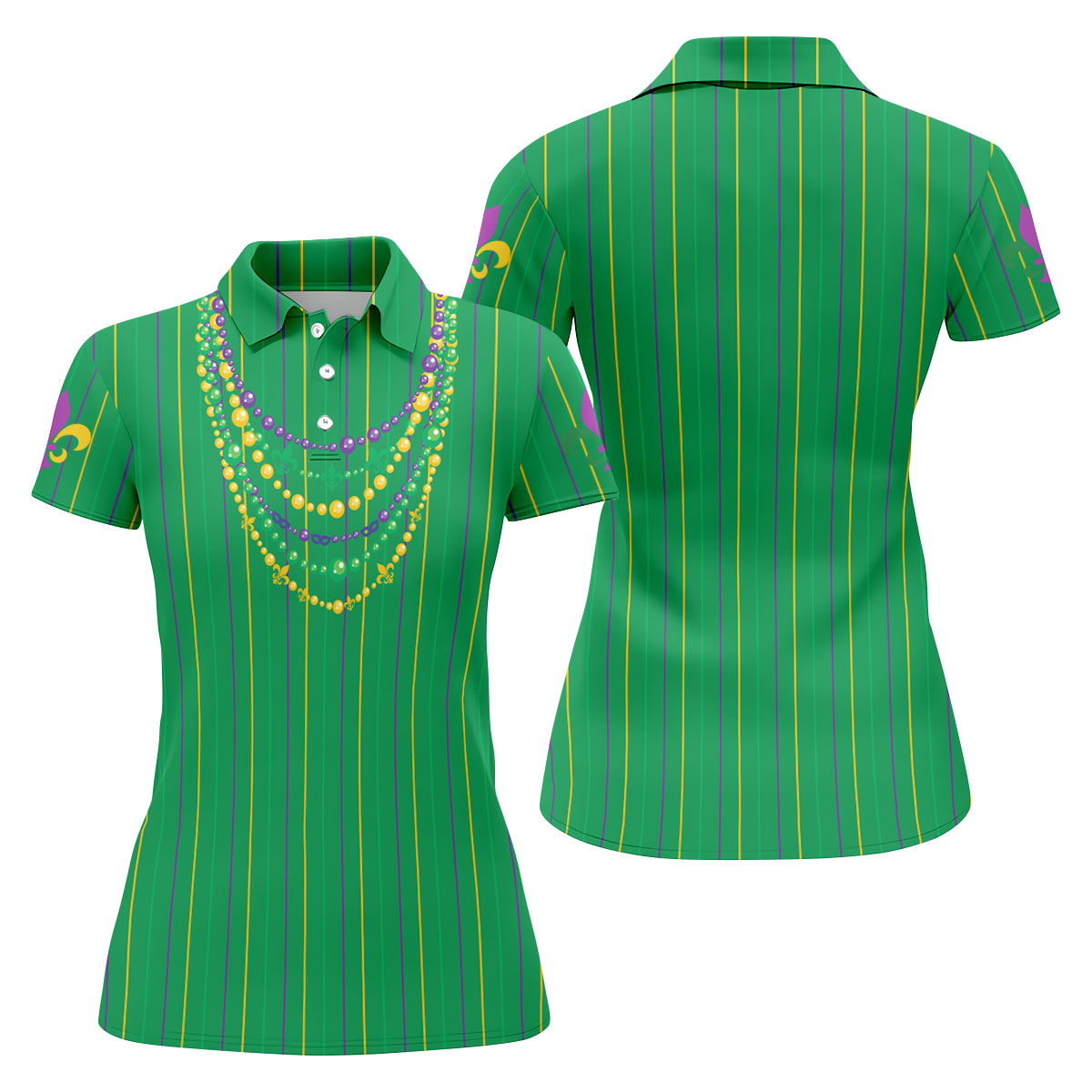Mardi Gras Beads Necklaces Print Green Golf Shirt, Women's Golf Shirts, Ladies Golf Polos, Golf Shirt For Women