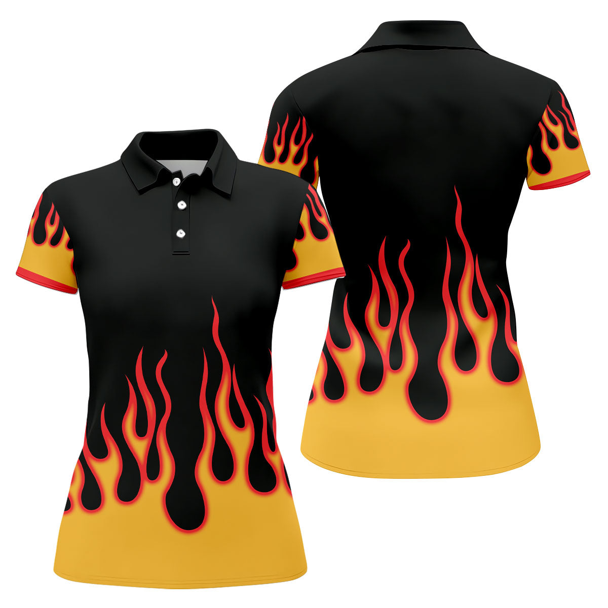 Black Red Yellow Flame Sleeve Golf Shirt, Hawaiian Golf Shirt, Golf Tops For Women