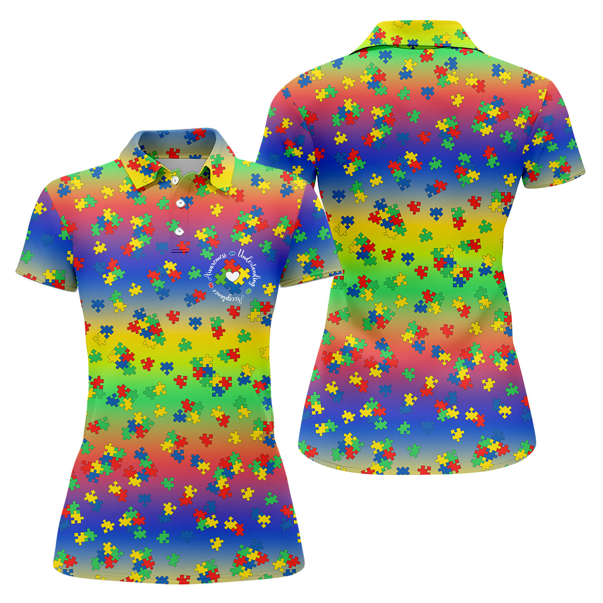 Acceptance Awareness Understanding Autism Puzzle Rainbow Gradient Women's Golf Shirts, Ladies Golf Polos