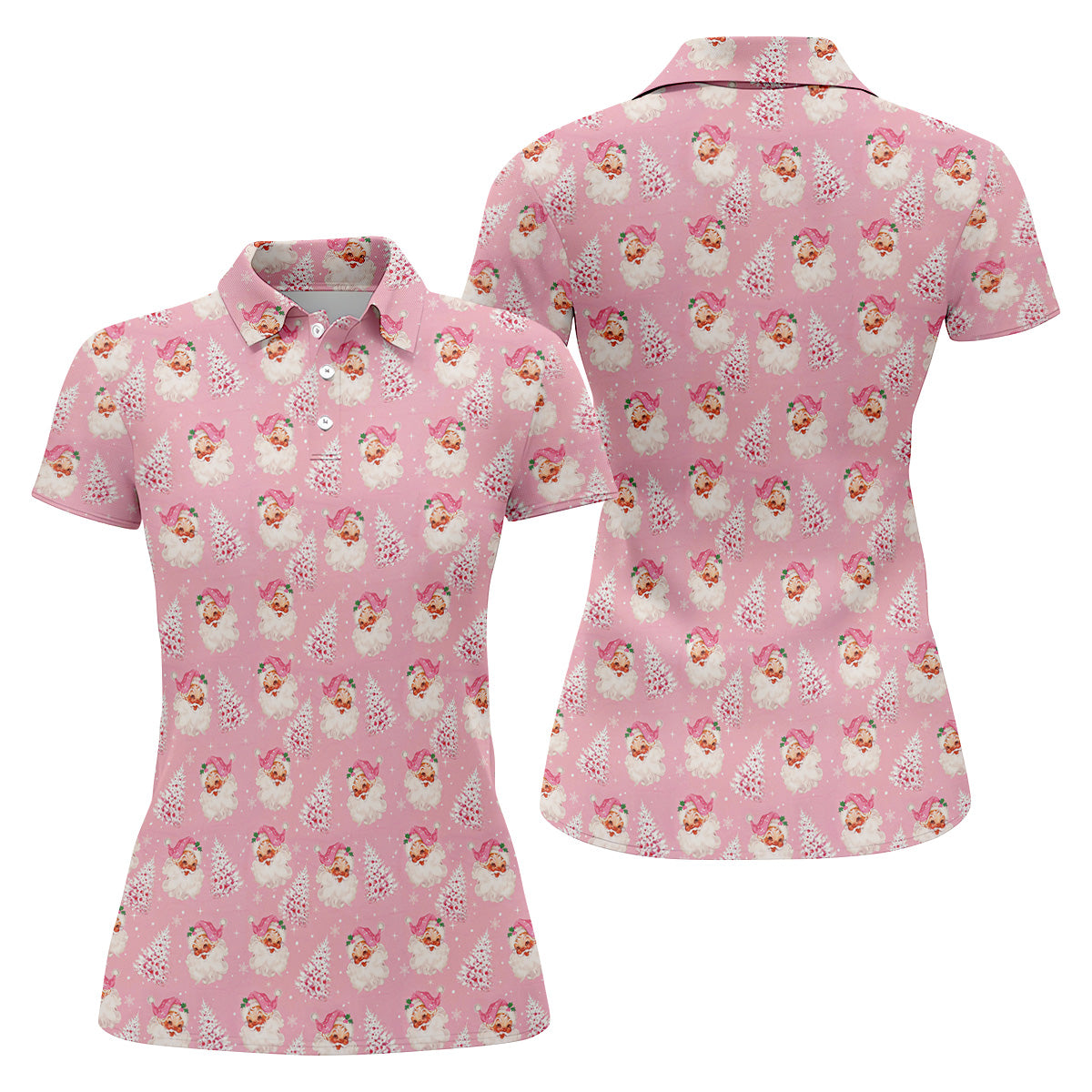 Pink Xmas Tree Santa Claus Pattern Christmas Golf Shirt, Women's Golf Tops, Golf Gift For Ladies