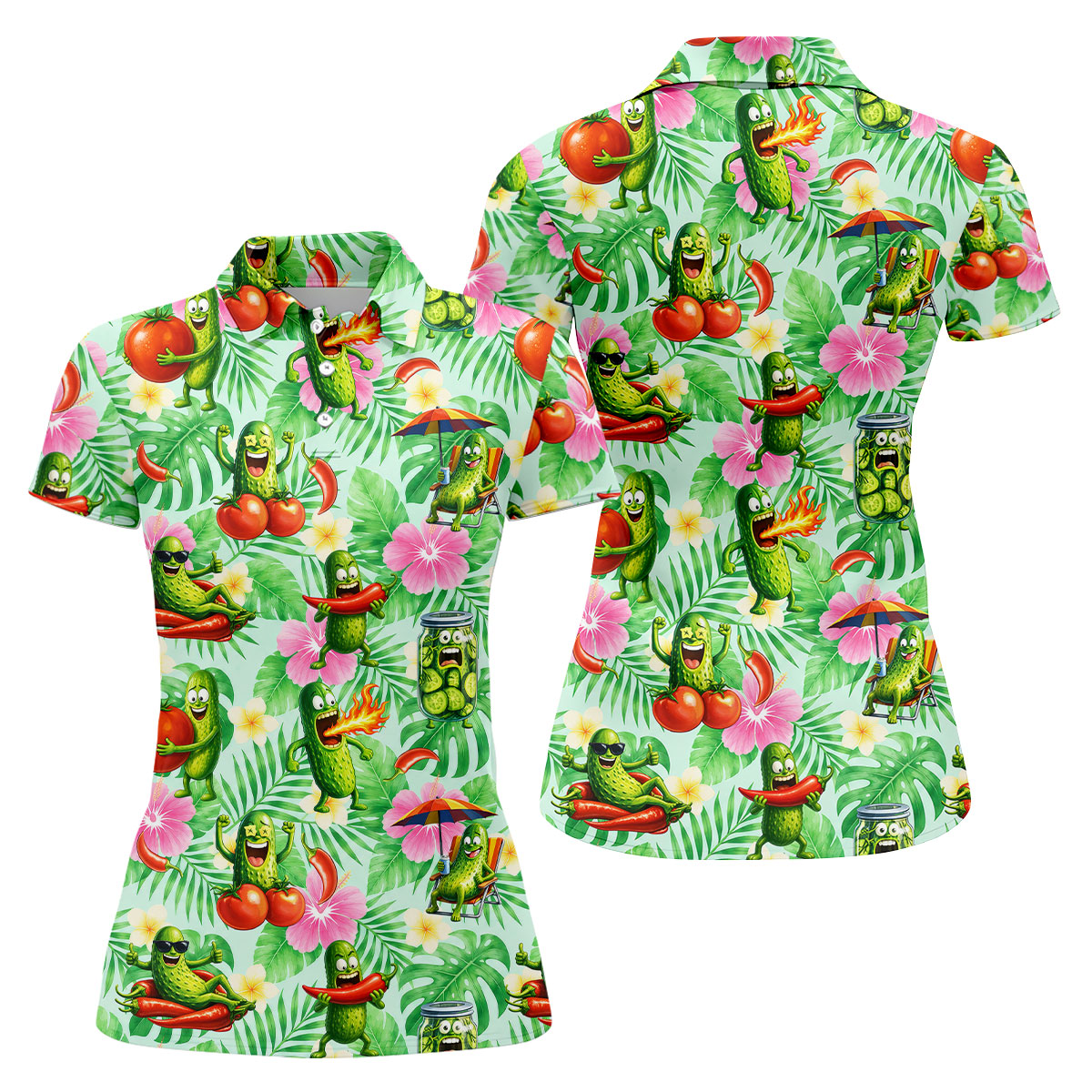 Funny Pickle Tomato Chili Tropical Hawaiian Golf Shirt, Golf Polo For Women, Printed Golf Shirt