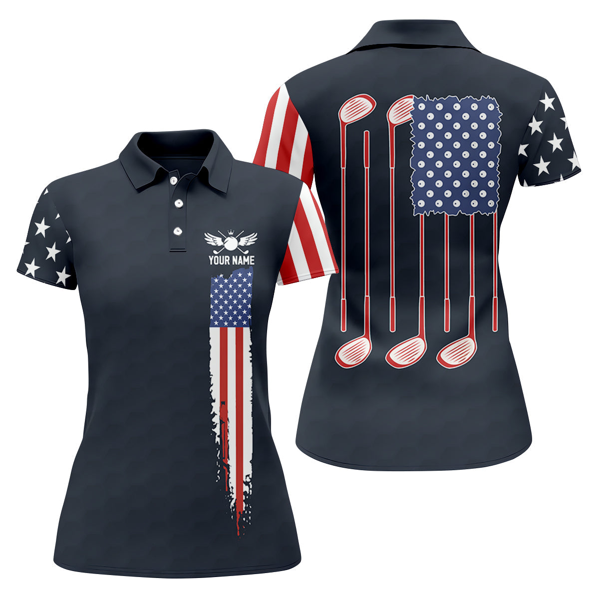 American Flag Patriot Red White Blue Women's Golf Shirts, 250th Anniversary Ladies Golf Shirt