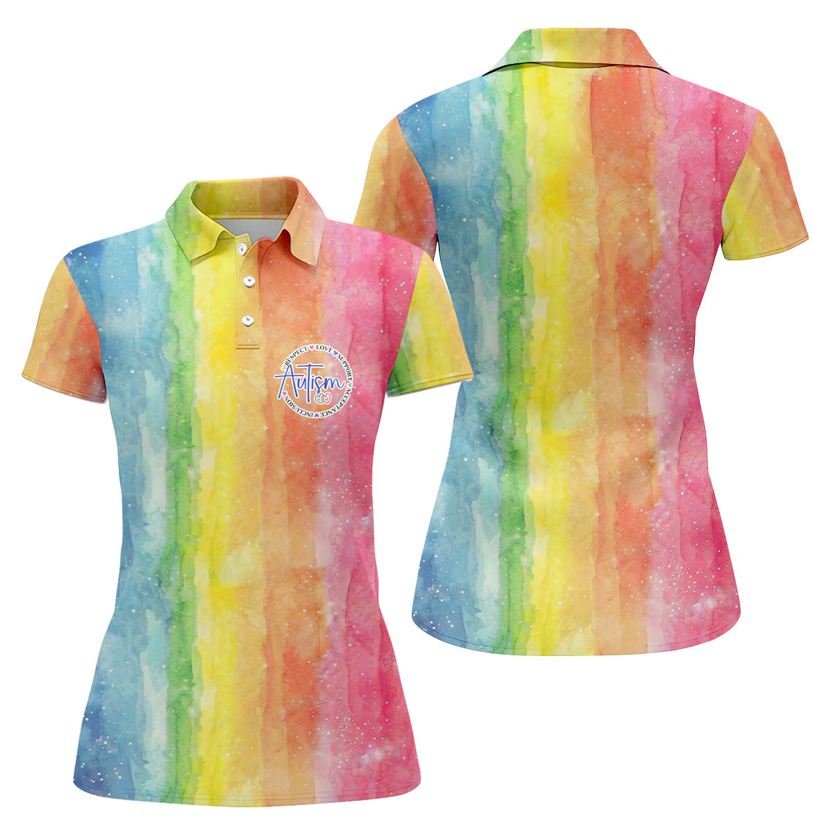 Autism Awareness Watercolor Rainbow Ladies Golf Tops, Women's Golf Shirts, Ladies Golf Polos,