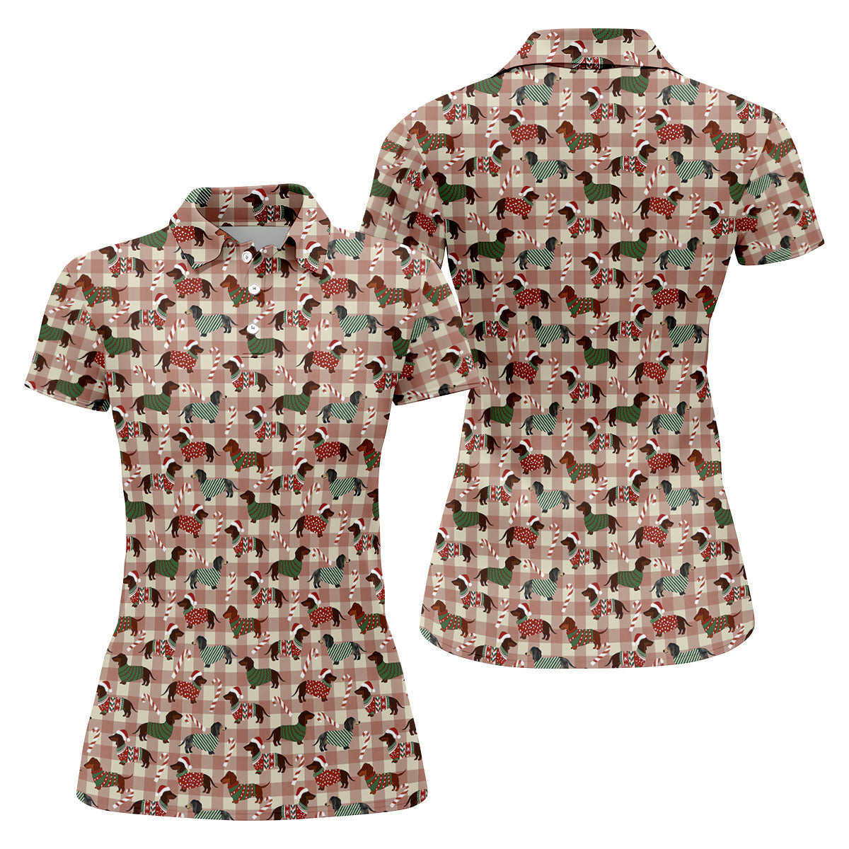 Christmas Dachshund Pink Checkered Women's Golf Tops, Christmas Golf Shirt, Ladies Golf Polos