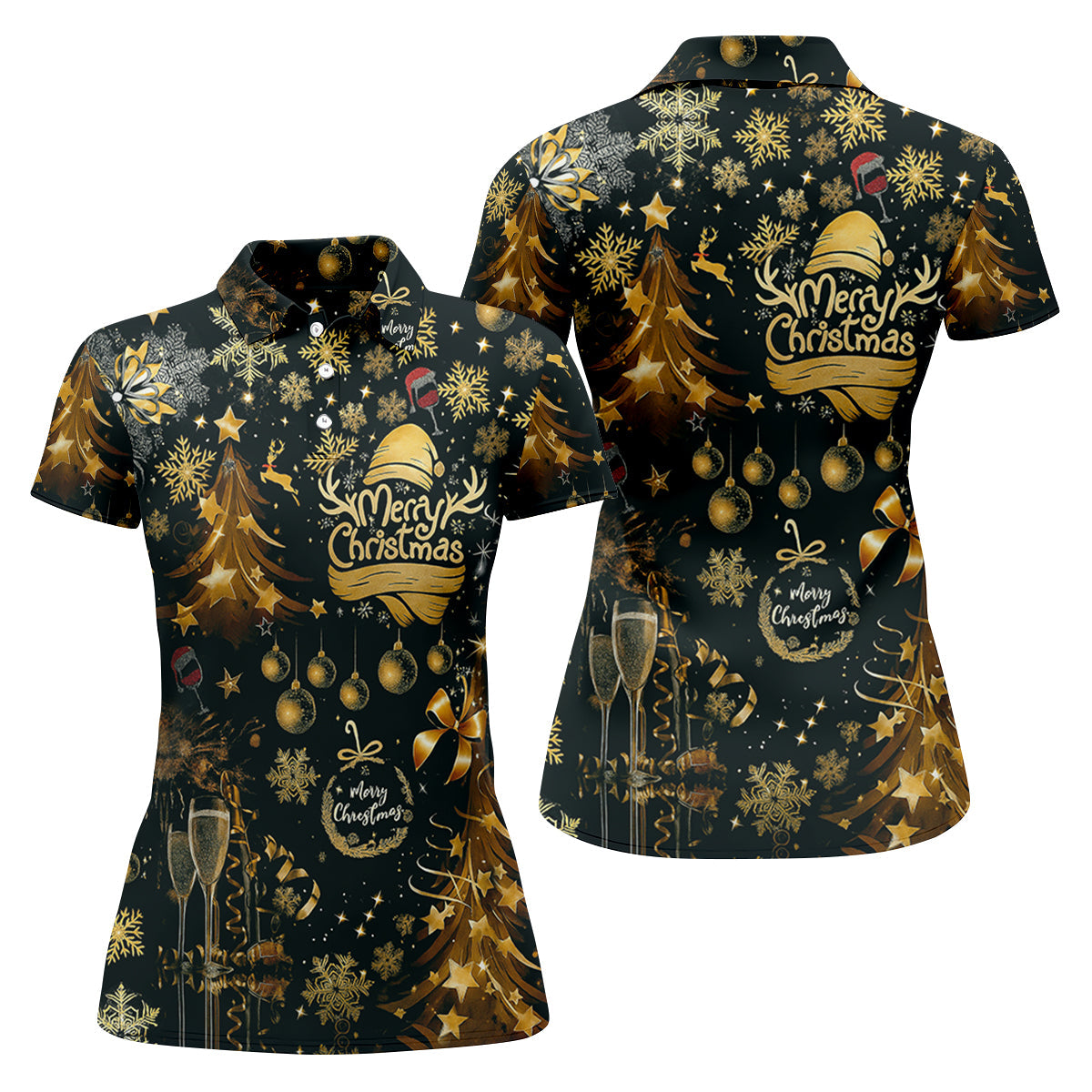 Champagne Golden Merry Christmas Women Golf Top, Christmas Golf Shirt, Ladies Golf Tops