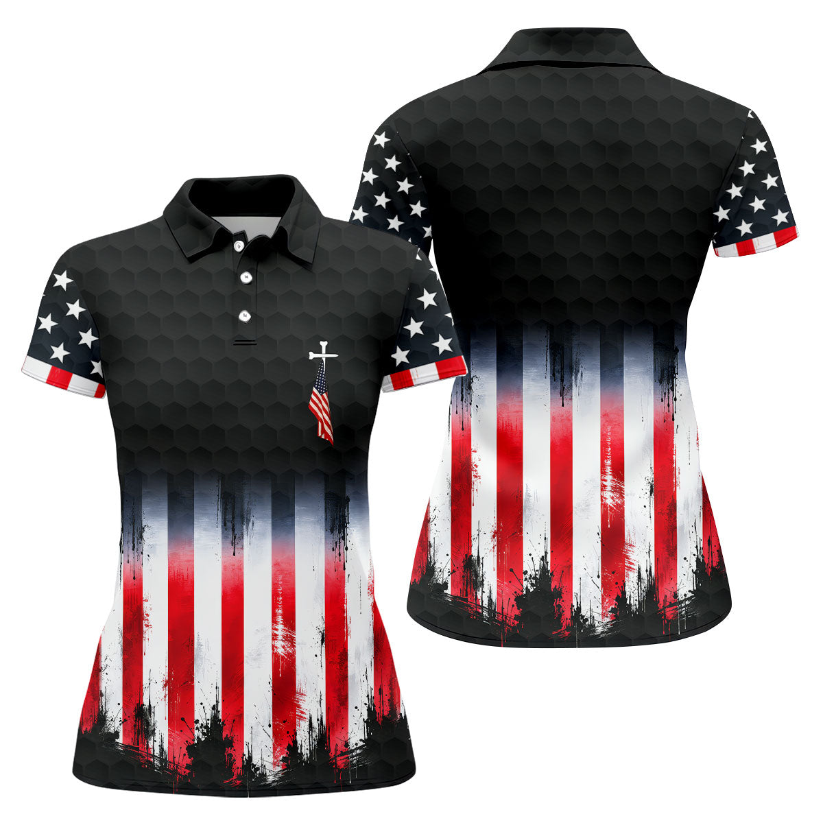 Faith Cross American Flag Patriotic Golf Ball Pattern 4th Of July Golf Shirt, 250th Anniversary Golf Shirt For Women