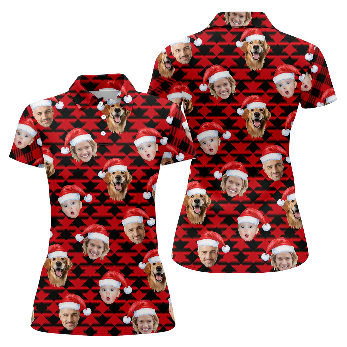 Custom Face Red And Black Checkered Christmas Golf Shirt, Women's Golf Tops, Ladies Golf Shirts