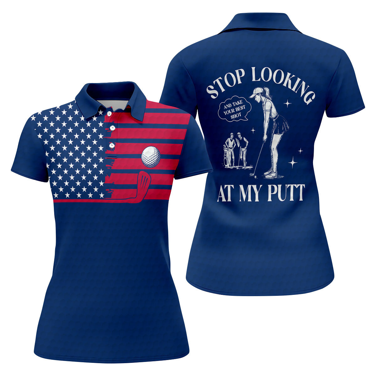 Stop Looking At My Putt US Flag Pattern Funny Golf Shirt, 250 Years 4th Of July Patriotic Golf Shirt For Women