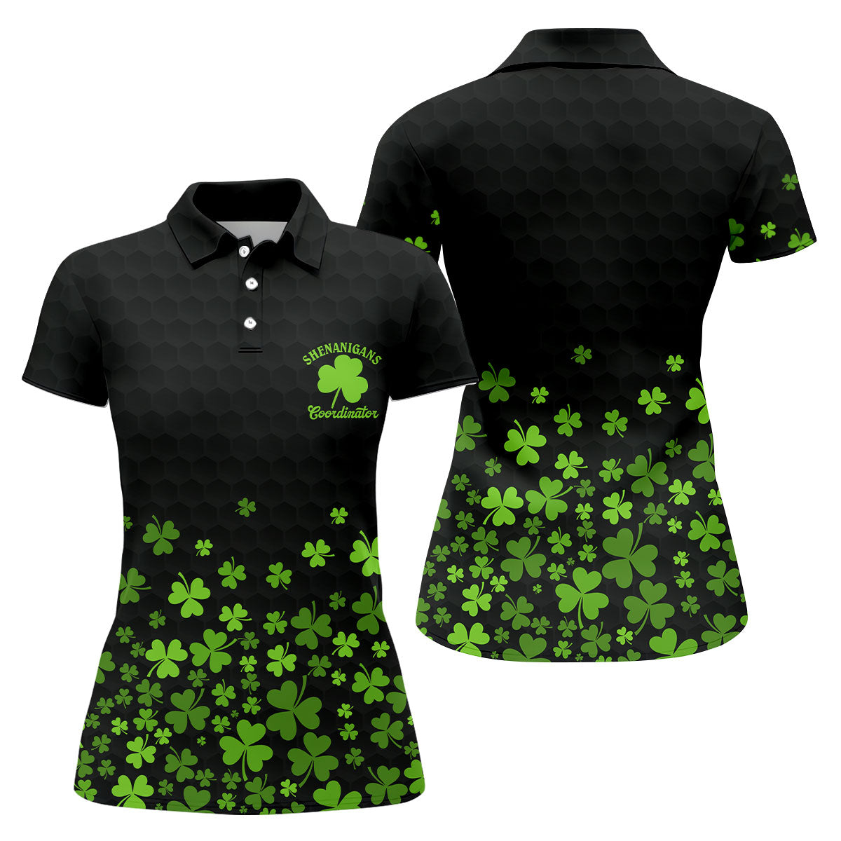 Shenanigans Coordinator Golf Ball Pattern St Patrick Day Black Golf Shirt, Women's Golf Tops, Ladies Golf Polos