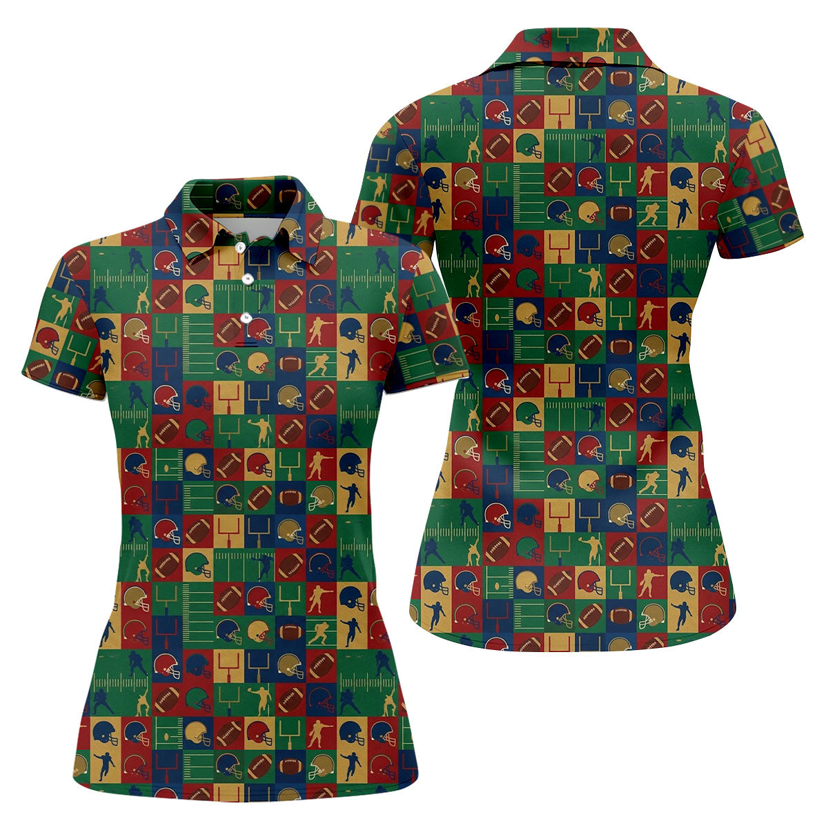 Football Pattern Square Grid Sport Polo, American Football Shirt, Game Day Football Theme Women's Green Polo Shirts
