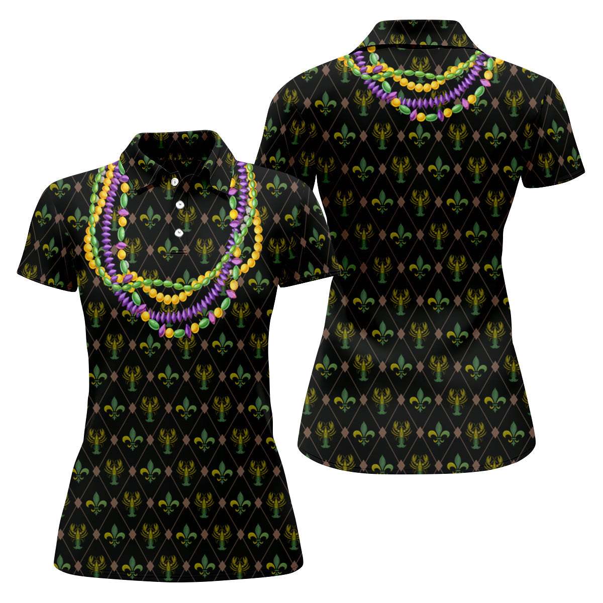 Mardi Gras Purple Green Gold Beads Chain Fleur De Lis Argyle Pattern Black Golf Shirt, Women's Golf Tops