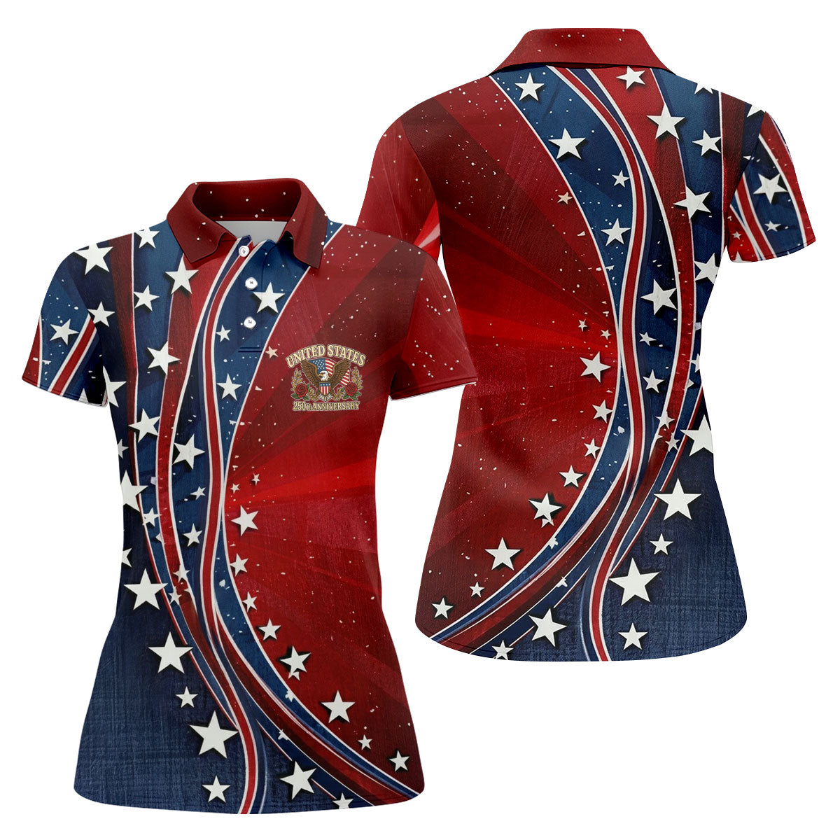 US 250th Anniversary Red White Navy Stars And Stripes Patriotic Golf Shirt, 4th Of July Golf Shirt For Women