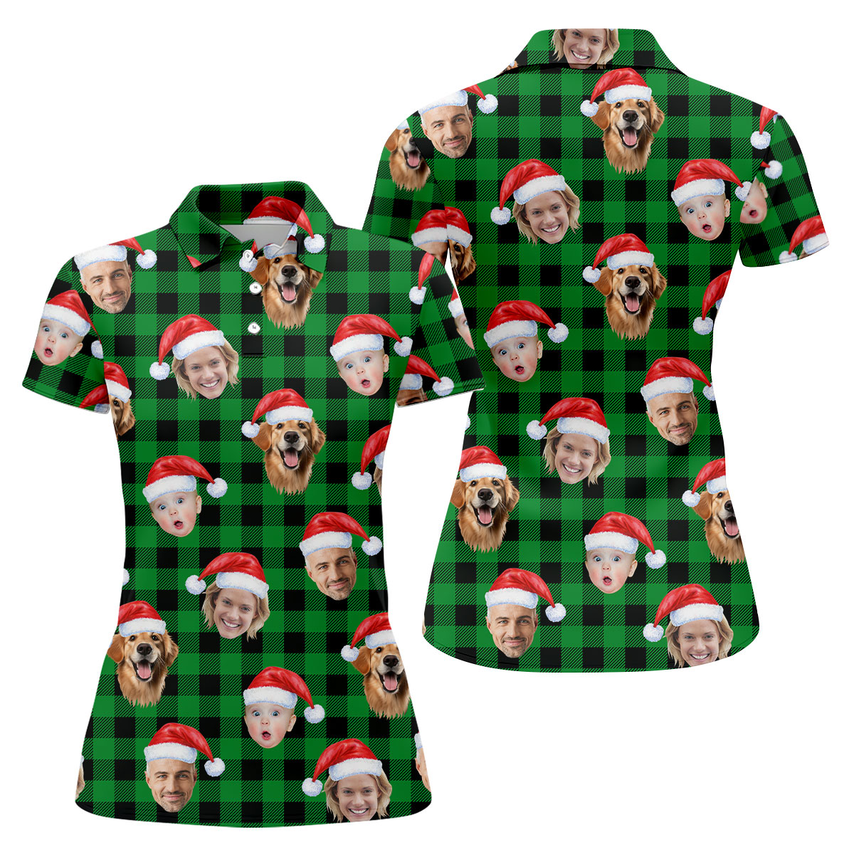 Custom Face Green Buffalo Plaid Christmas Golf Shirt, Ladies Golf Tops, Golf Gifts For Women