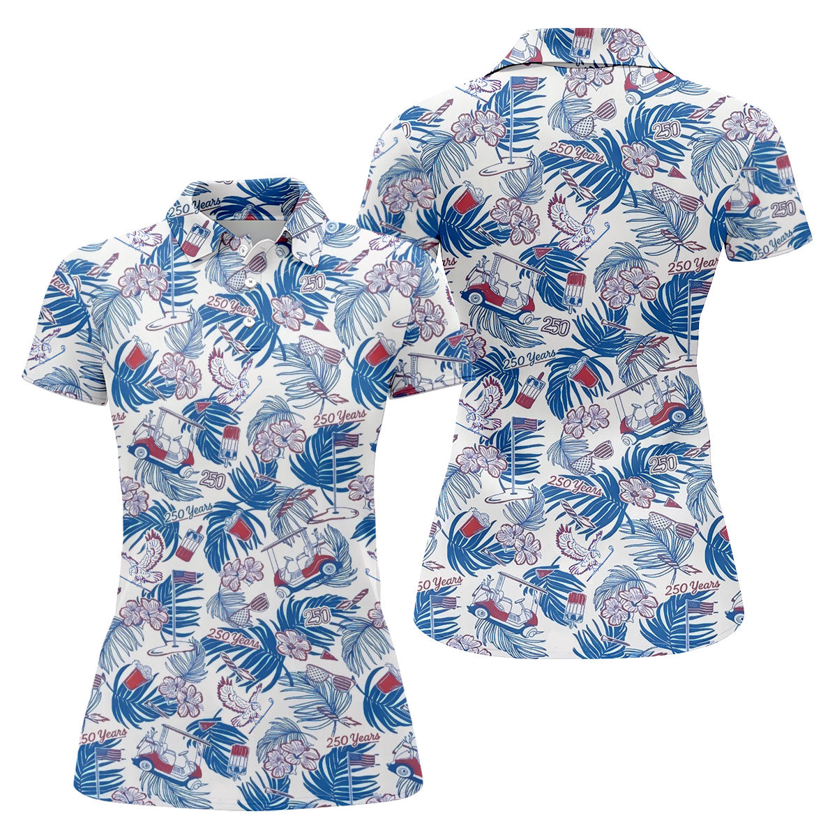 250 Years Red White Blue Tropical Floral Patriotic Golf Shirt, 4th Of July Golf Shirt For Women