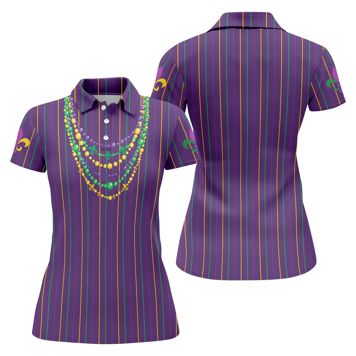 Mardi Gras Beads Necklaces Print Purple Golf Shirt, Women's Golf Shirts, Ladies Golf Polos, Golf Shirt For Women