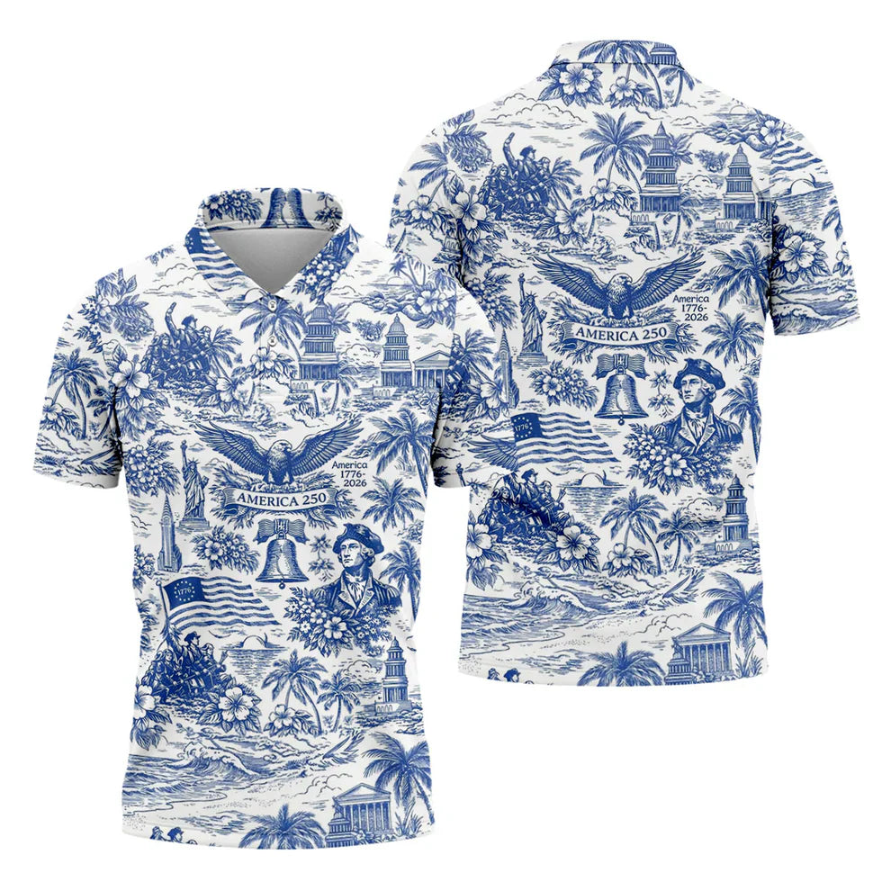 250 Years Of America Tropical Vibe Vintage Golf Polo Shirt, Patriotic 4th Of July Golf Shirts For Men
