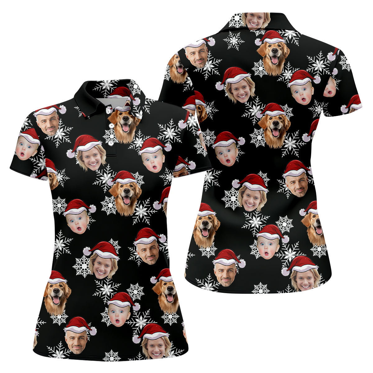 Custom Face Black Christmas Women's Golf Tops, Ladies Golf Shirts, Christmas Golf Gift