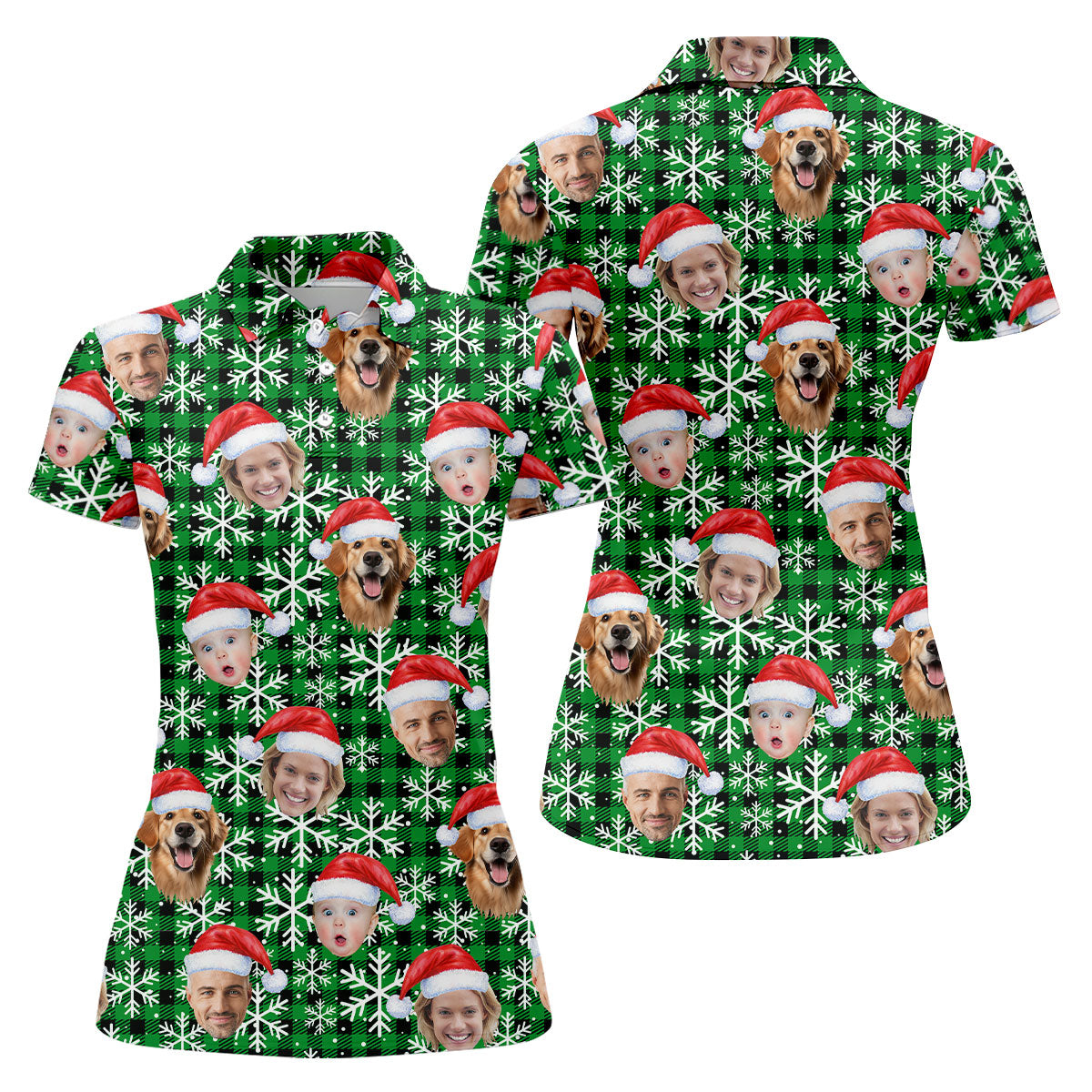 Custom Face Green And Black Checkered Christmas Golf Shirt, Ladies Golf Shirts, Golf Gifts For Women