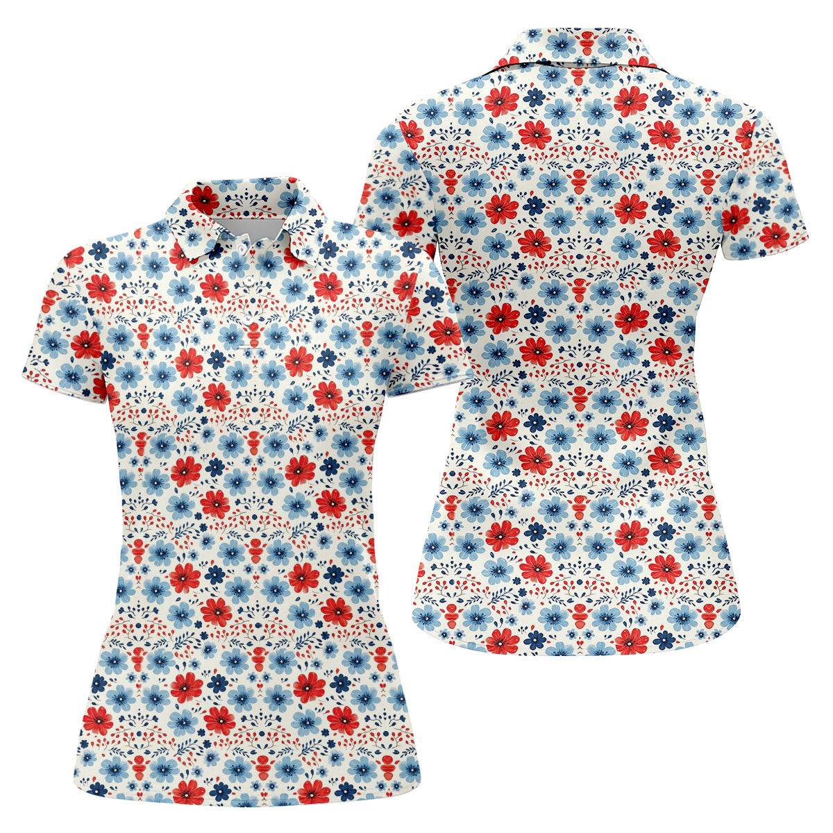 Red White Blue Floral Pattern 250th Anniversary Patriotic Golf Shirt, 4th Of July Golf Shirt For Women
