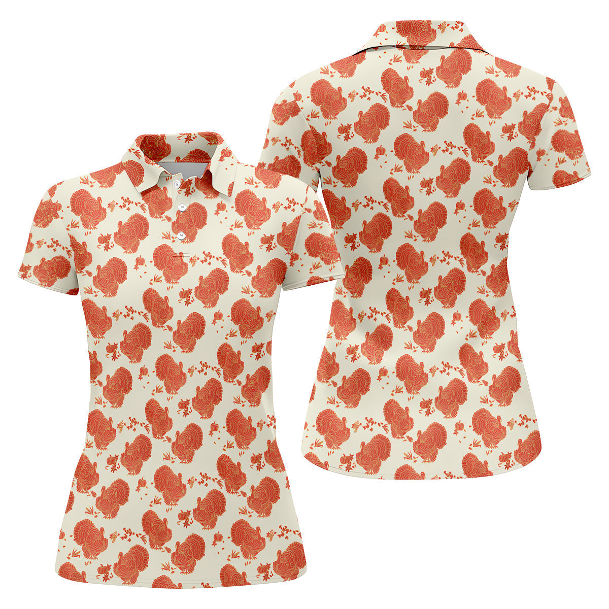 Turkey Pattern Beige And Orange Women's Golf Tops, Ladies Golf Polos, Thanksgiving Gift