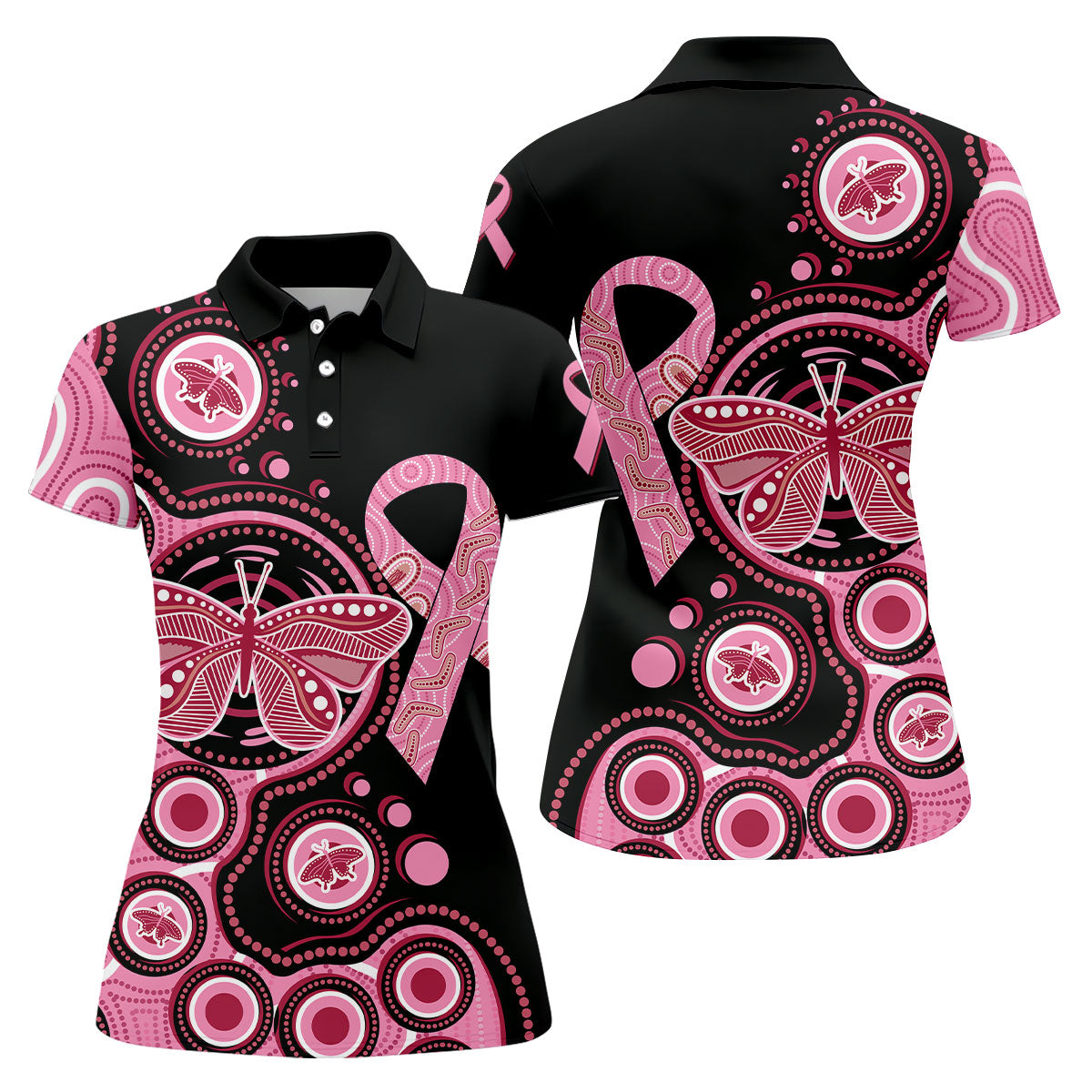 Breast Cancer Pink Butterfly Women Golf Top, Cancer Awareness Shirt, Ladies Golf Shirts