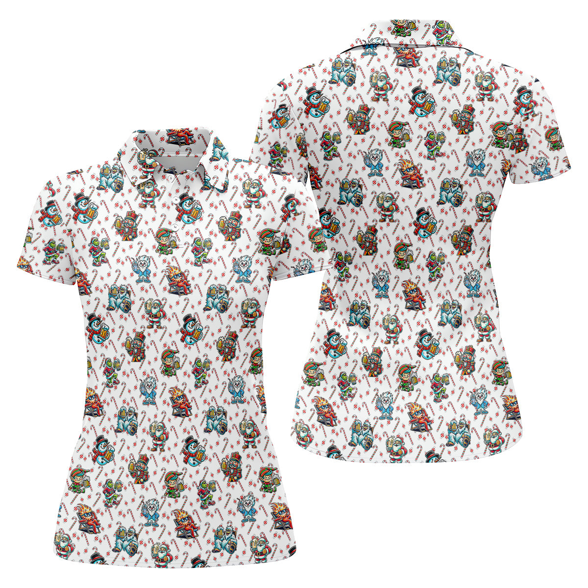 Cute Christmas Character Candy Cane Pattern Ladies Golf Tops, Christmas Golf Shirt, Golf Shirt For Women