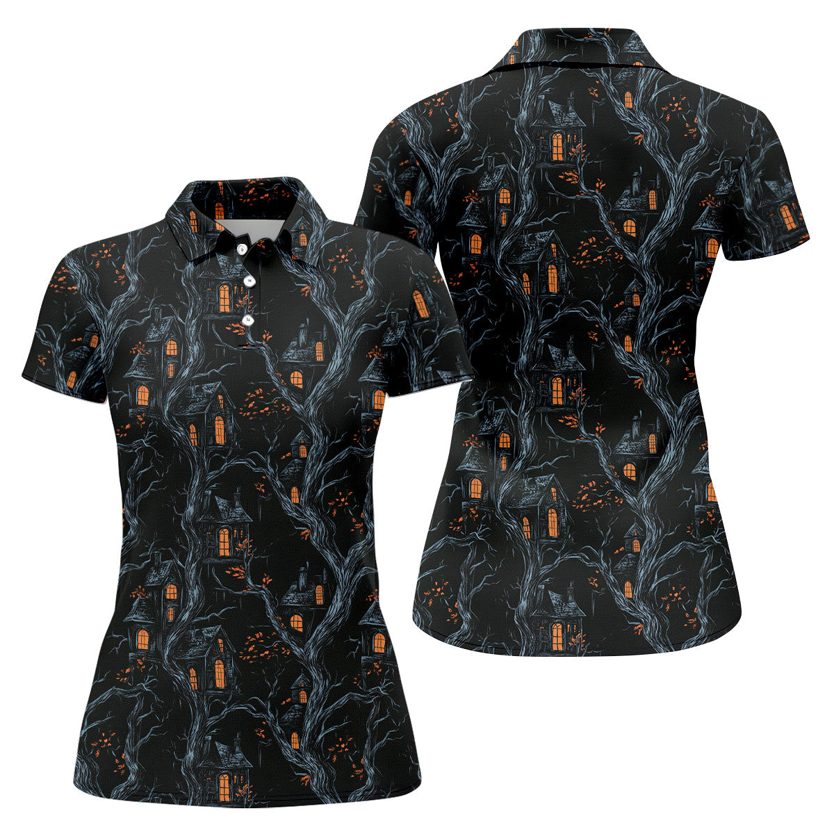 Haunted House Halloween Women Golf Top, Black Golf Polo ShirtLadies Golf Shirts, Golfing Apparel