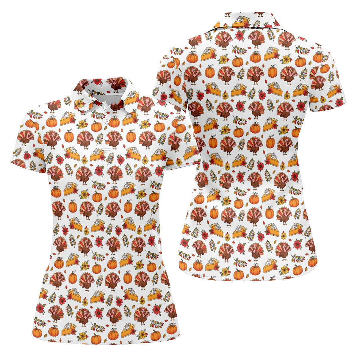 Cute Thanksgiving Turkey Pumpkin Pie Women's Golf Tops, Thanksgiving Golf Gift For Ladies, White Polo Women