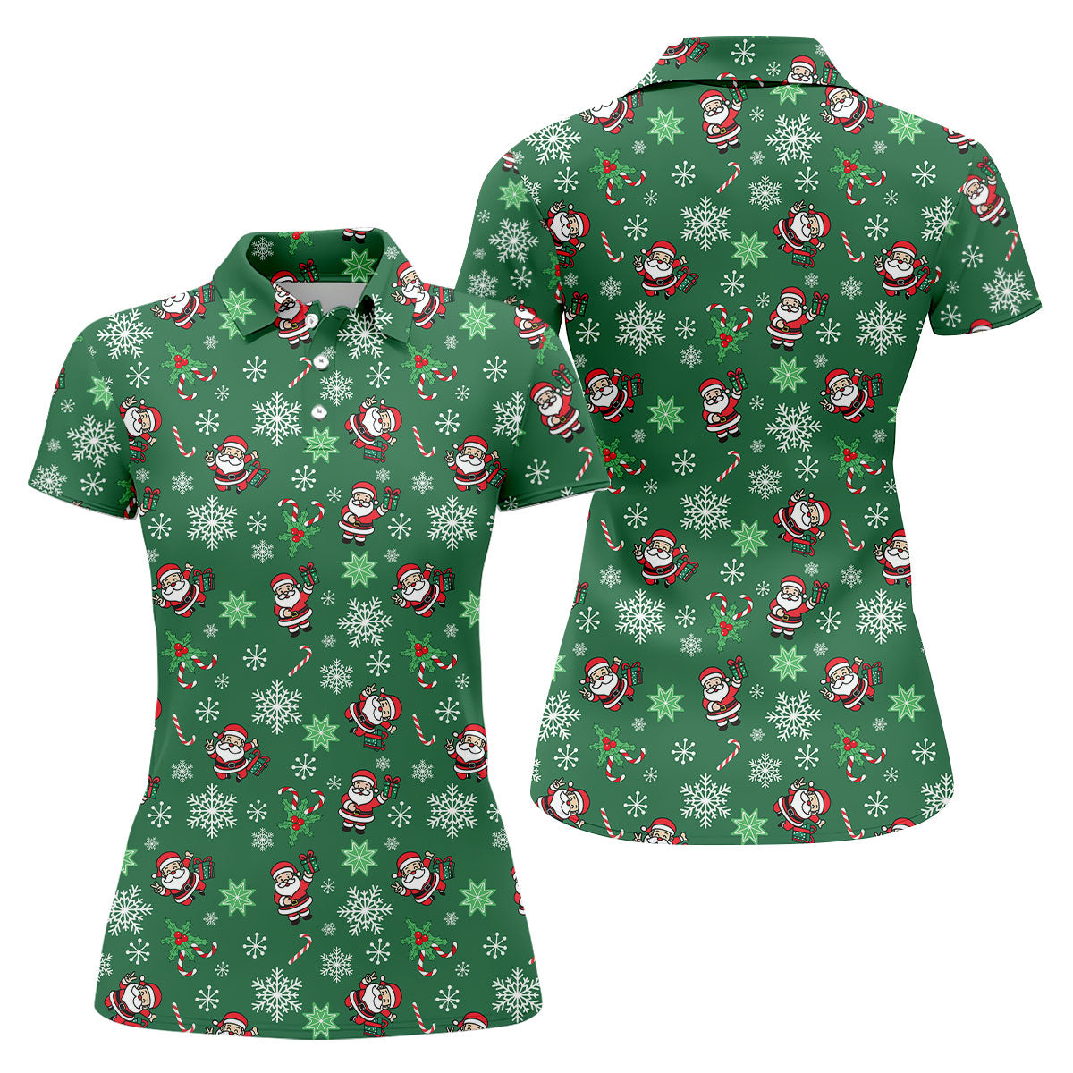Santa Claus Pattern Christmas Green Fun Women's Golf Shirts, Christmas Golf Shirt, Ladies Golf Shirts
