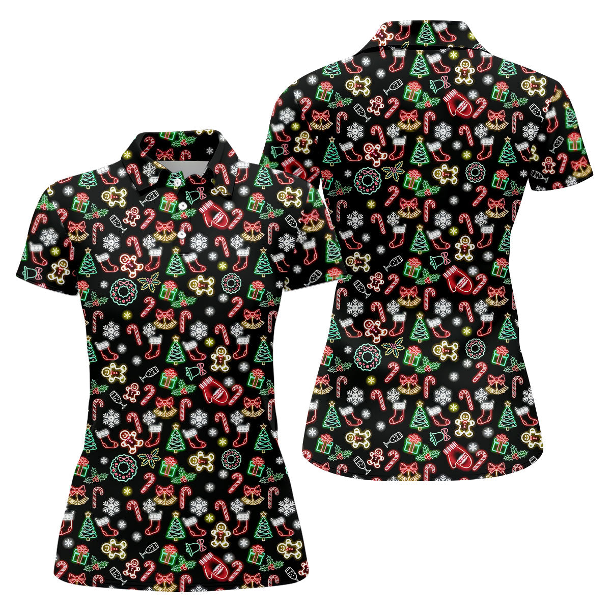 Neon Christmas Pattern Black Golf Polo ShirtFunny Golf Shirts Women, Christmas Golf Gift, Ladies Golf Shirts