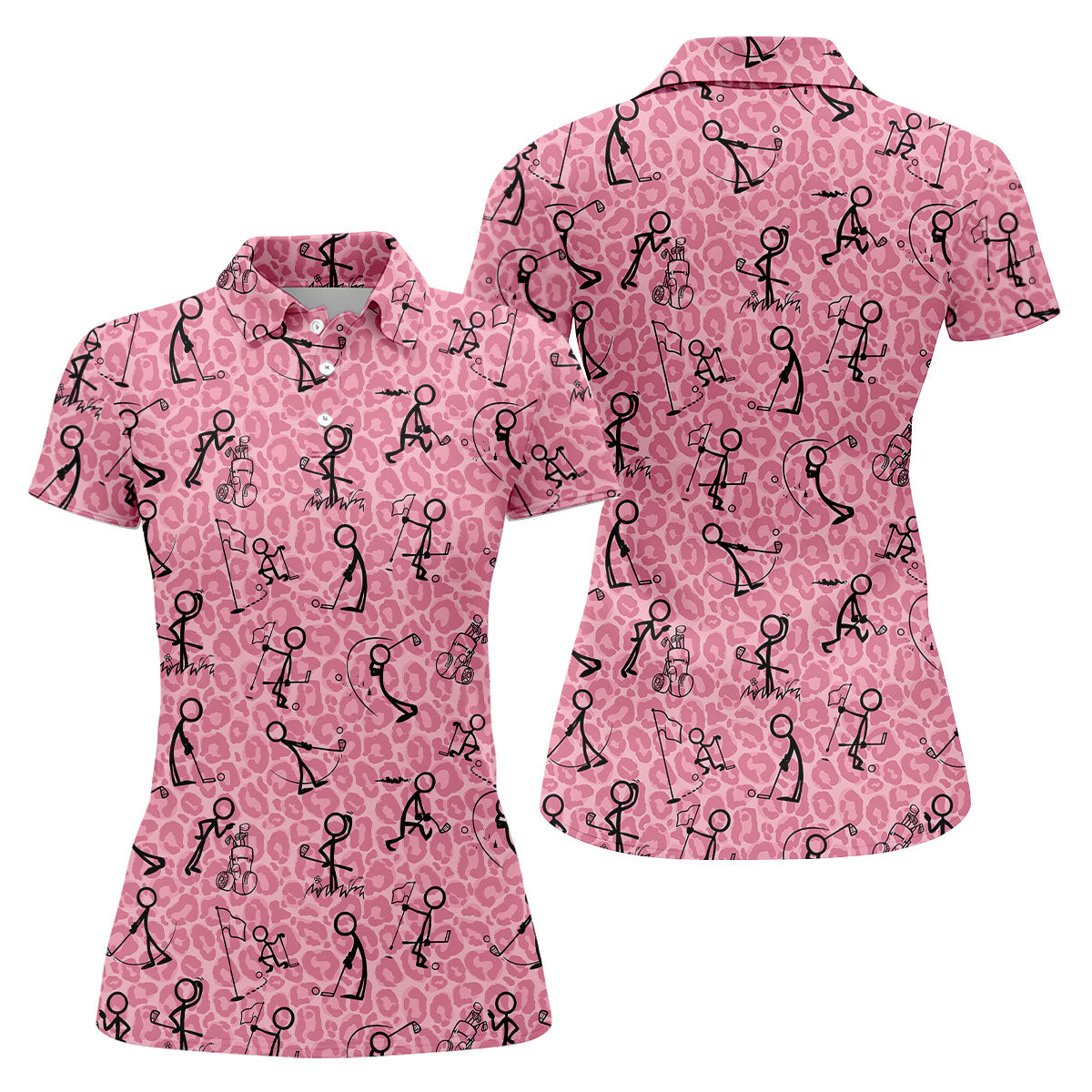 Golf Stick Man Pink Leopard Print Women Golf Top, Unique Gift For Golfer, Ladies Golf Polos