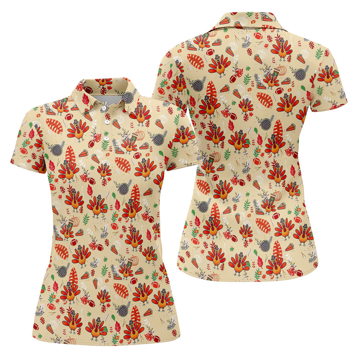 Funny Turkey Hawaiian Pattern Thanksgiving Women's Golf Tops, Fun Women's Golf Shirts, Ladies Golf Shirts