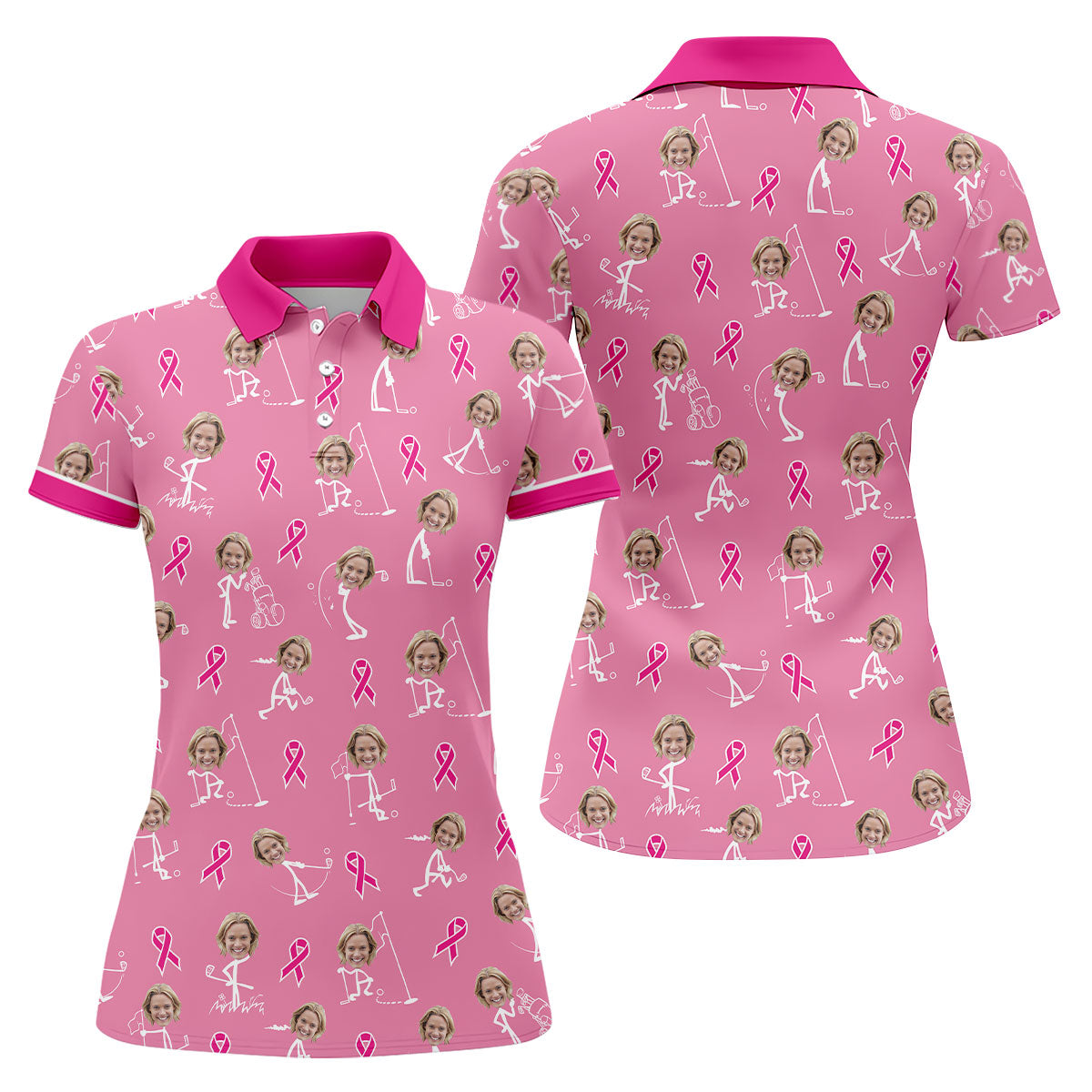 Funny Stick Figure Women's Golf Shirt, Custom Face Shirt, Breast Cancer Awareness Shirt, Pink Golf Shirt
