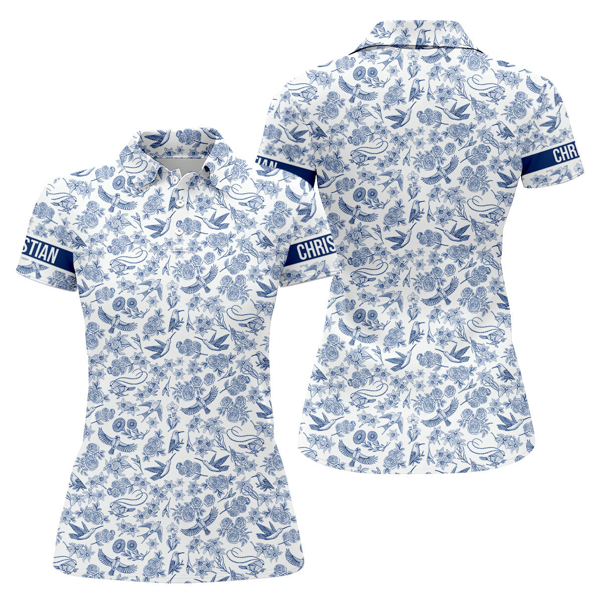 Custom Name Toile de Jouy Birds And Flowers Blue Golf Shirt, Women Golf Top, Ladies Golf Polos
