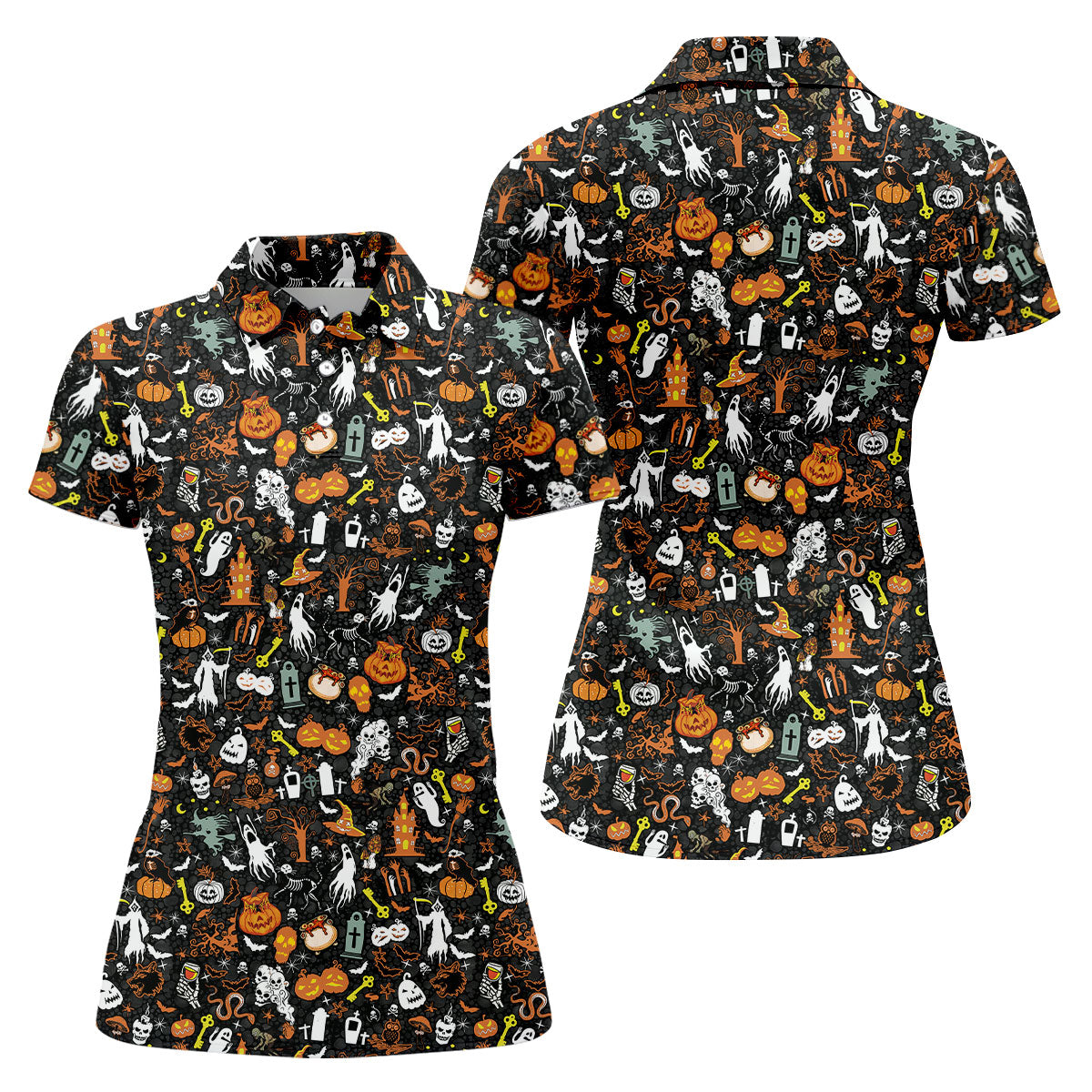 Trick or Treat Spooky Ghost Pumpkin Women's Golf Shirt, Halloween Golf Shirt, Fun Golf Shirts For Women