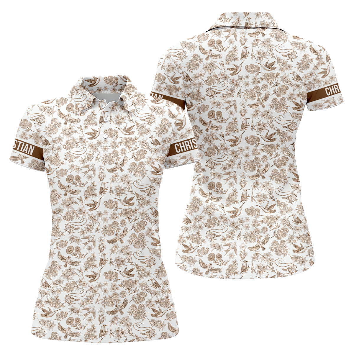 Custom Name Toile de Jouy Birds And Flowers Brown Golf Shirt, Women Golf Top, Ladies Golf Polos