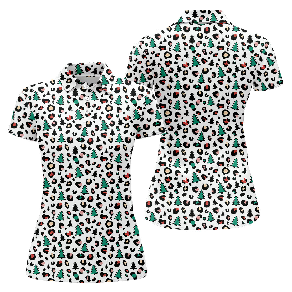 Leopard Pattern Xmas Pine Tree Women's Golf Shirts, Christmas Golf Shirt, Cute Golf Outfit, Ladies Golf Polos